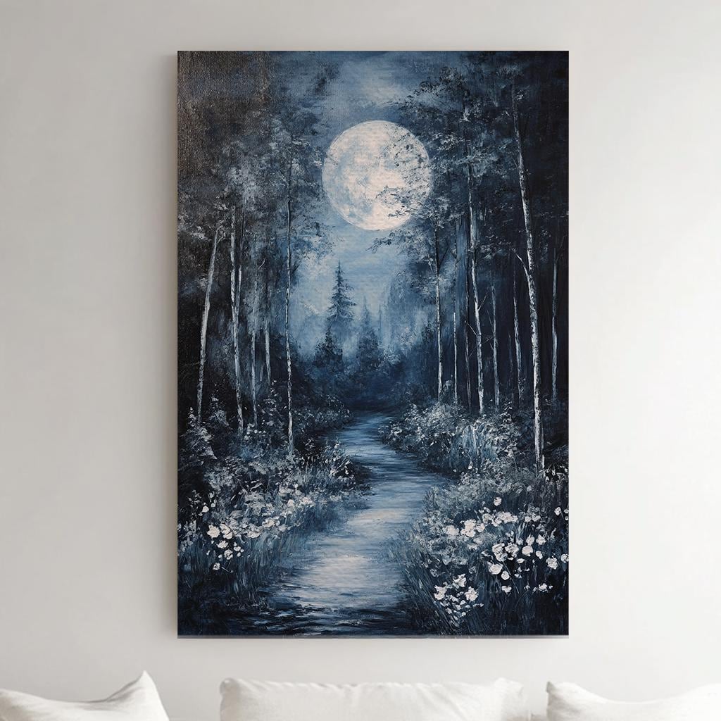 Moonlit Path Canvas Art | Impasto Print | Tranquil Wall Art For Bedroom | Selenite Art | Zen Decor Vertical Canvas