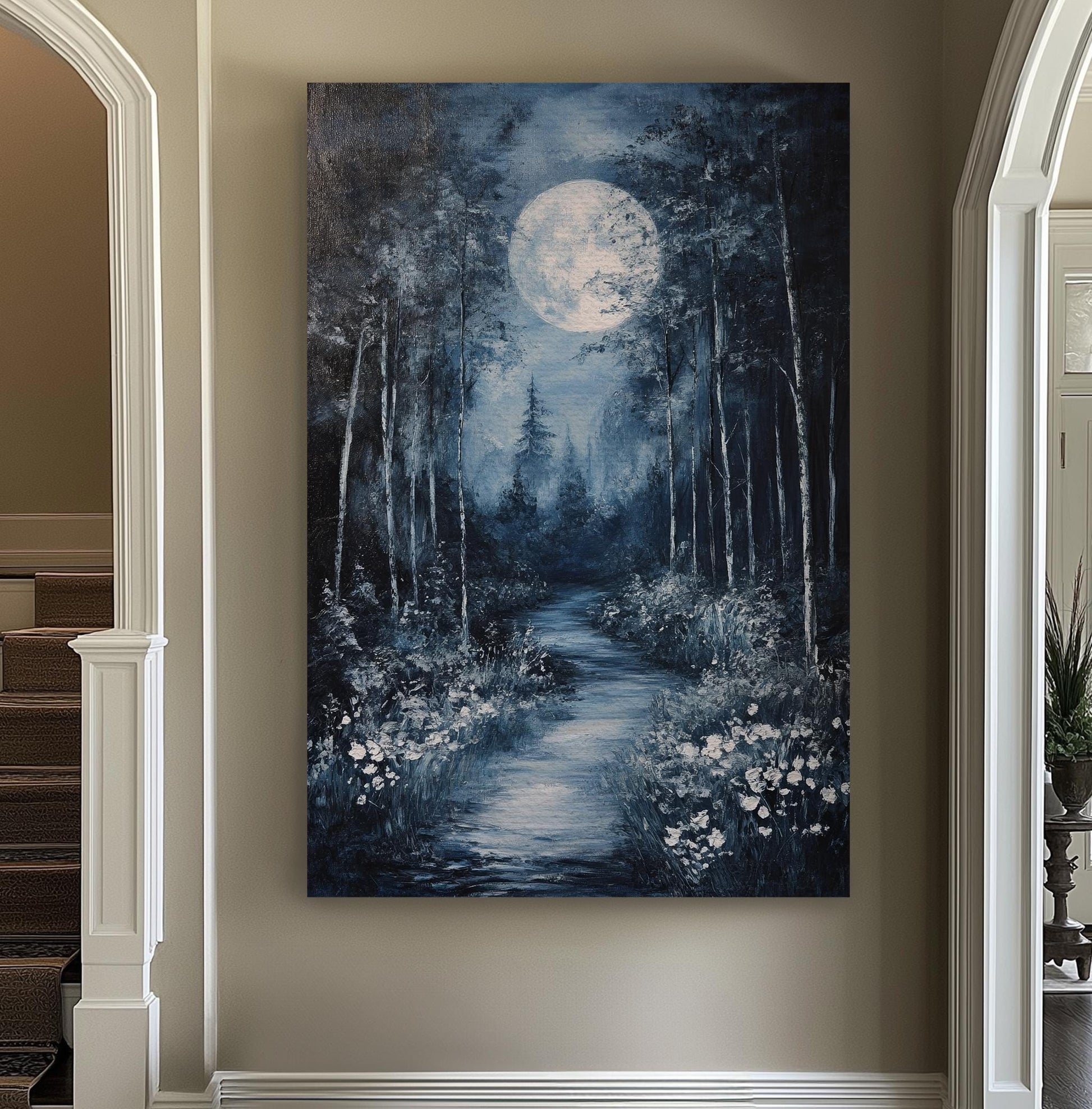 Moonlit Path Canvas Art | Impasto Print | Tranquil Wall Art For Bedroom | Selenite Art | Zen Decor Vertical Canvas