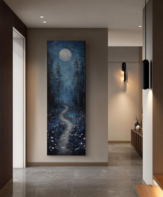 Moonlit Path Canvas Art | Impasto Print | Bohemian Wall Art For Bedroom | Selenite Art | Tranquil Decor Long Vertical Art
