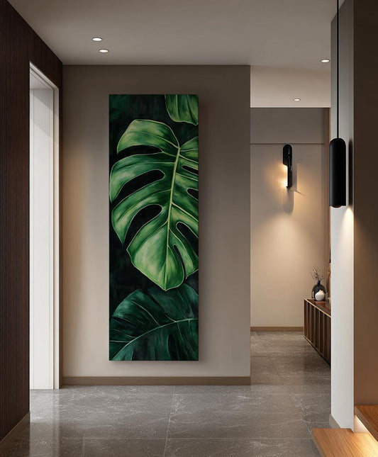 Monstera Deliciosa Canvas Art | Impasto Leaf Print | Biophilic Wall Art For Living Room | Emerald Jade Art Long Vertical Art