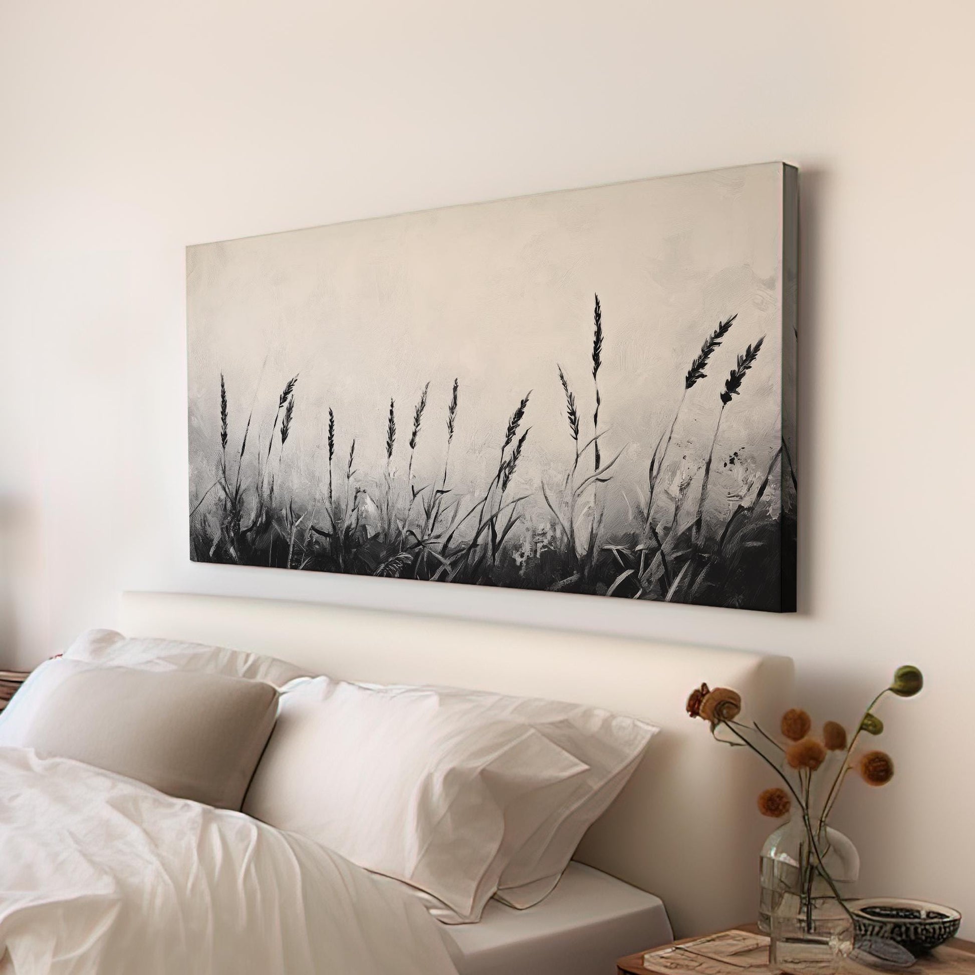 Monochromatic Wheatfield Canvas Art | Impasto Print | Modernist Wall Art For Living Room | Silver Gray Art Horizontal Art