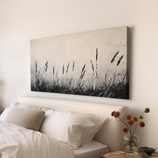 Monochromatic Wheatfield Canvas Art | Impasto Print | Modernist Wall Art For Living Room | Silver Gray Art Horizontal Art
