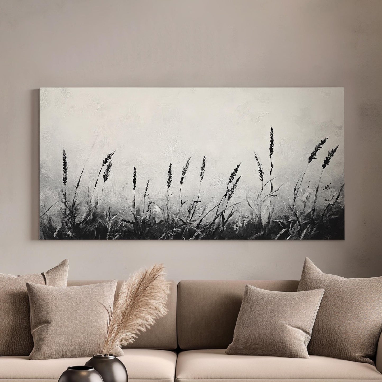 Monochromatic Wheatfield Canvas Art | Impasto Print | Modernist Wall Art For Living Room | Silver Gray Art Horizontal Art