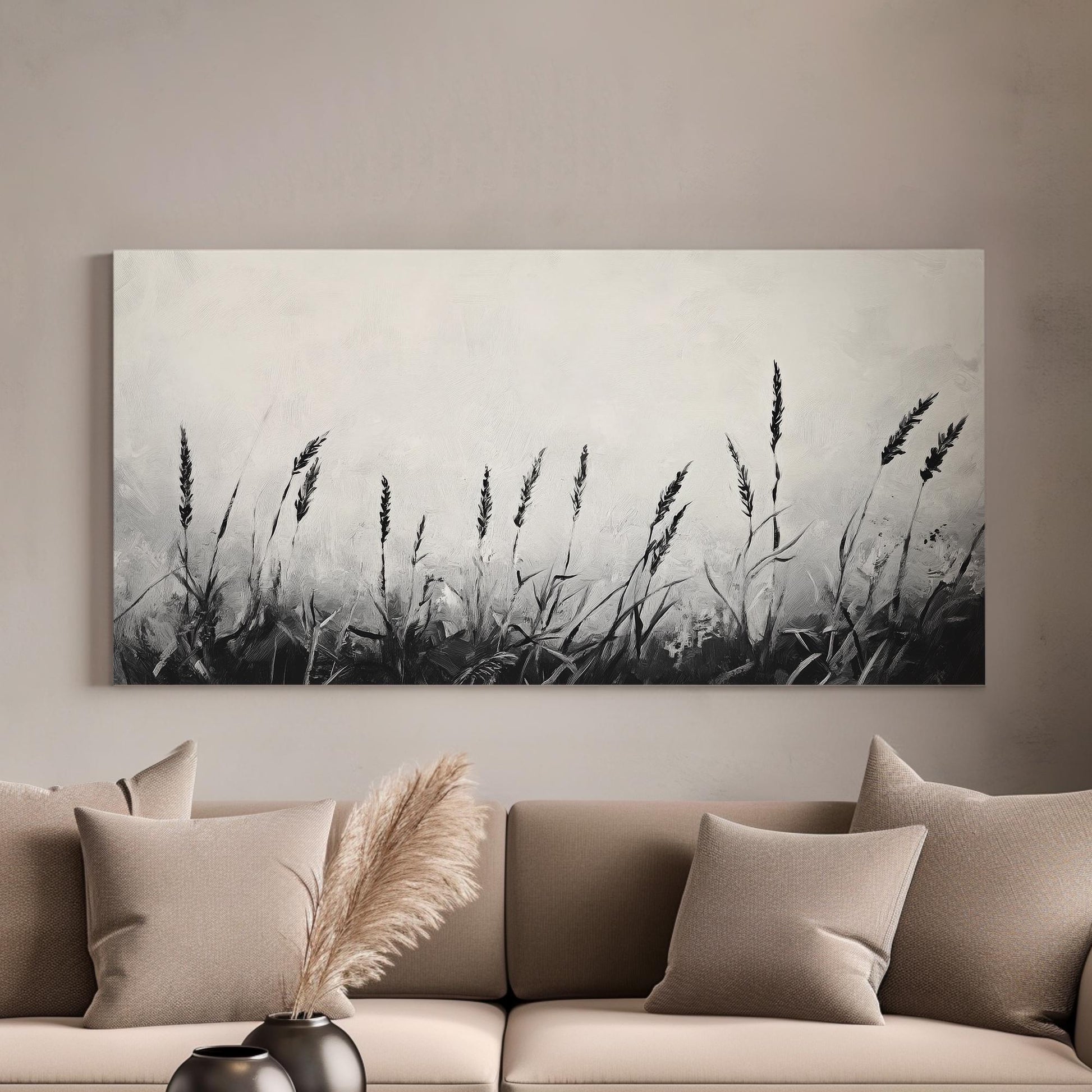 Monochromatic Wheatfield Canvas Art | Impasto Print | Modernist Wall Art For Living Room | Silver Gray Art Horizontal Art
