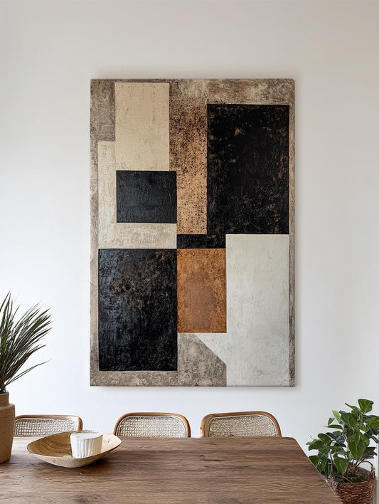 Modern Geometric Canvas Art | Abstract Textured Print | Minimalist Wall Art For Living Room | Neutral Taupe Charcoal Art Vertical Canvas