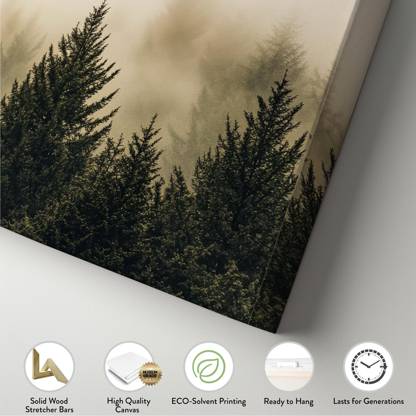 Misty Mountain | Evergreen Silhouette Print | Japandi Wall Art For Living Room | Smoked Olive Art | Biophilic Decor Panoramic Wall Art