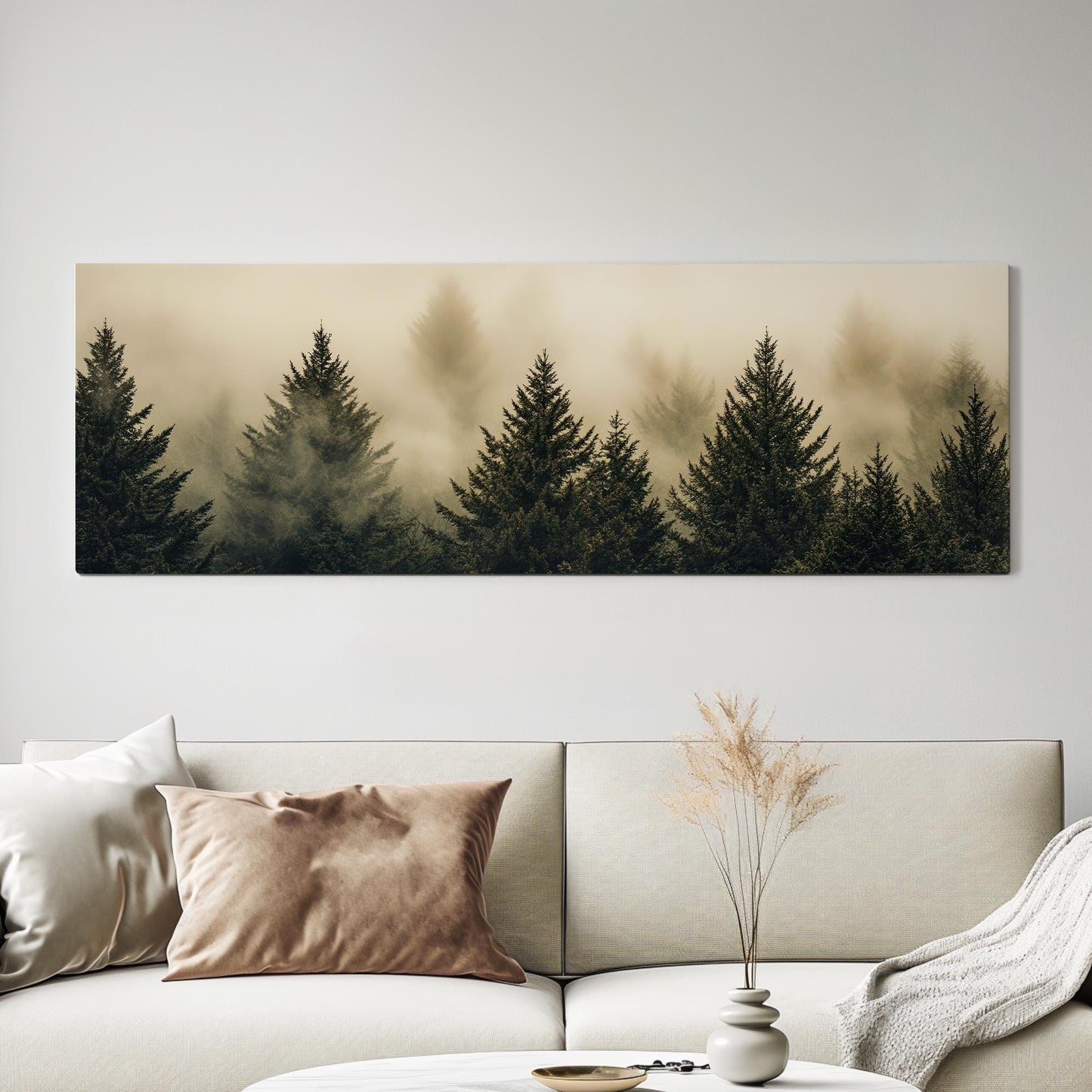 Misty Mountain | Evergreen Silhouette Print | Japandi Wall Art For Living Room | Smoked Olive Art | Biophilic Decor Panoramic Wall Art