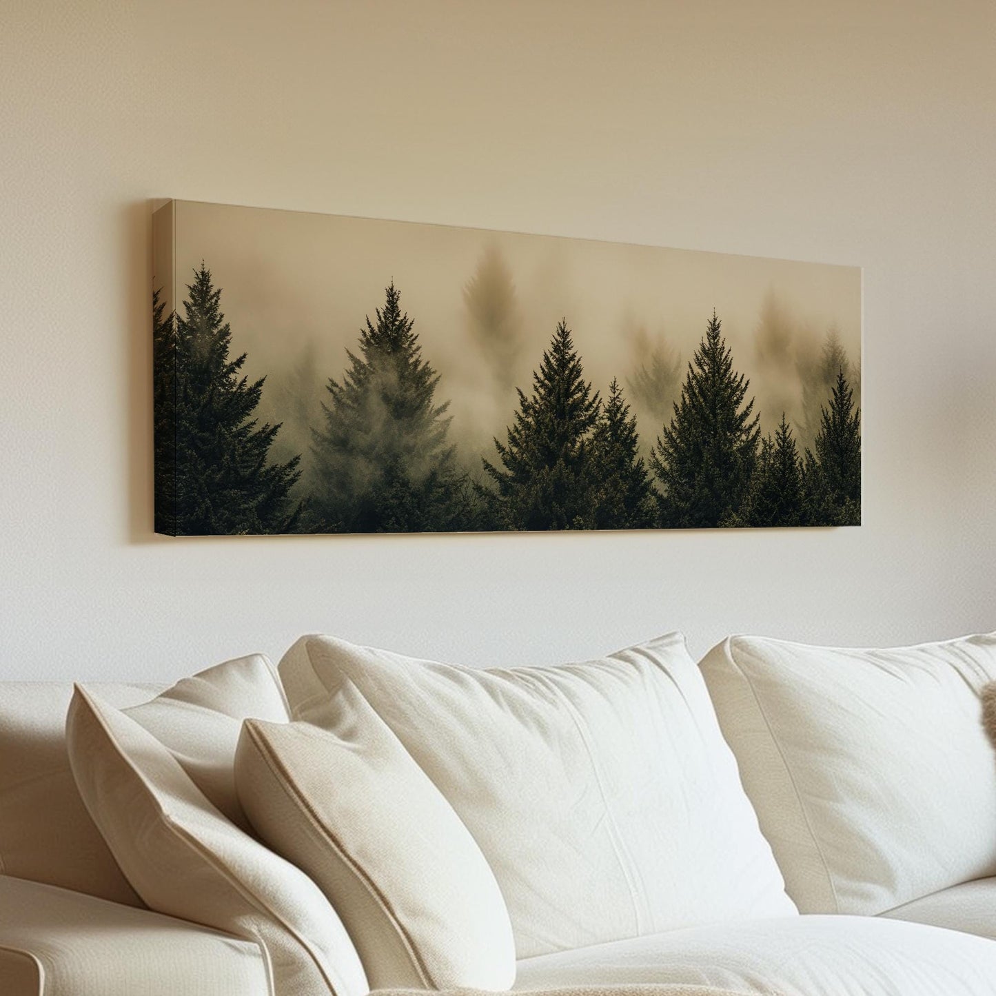 Misty Mountain | Evergreen Silhouette Print | Japandi Wall Art For Living Room | Smoked Olive Art | Biophilic Decor Panoramic Wall Art