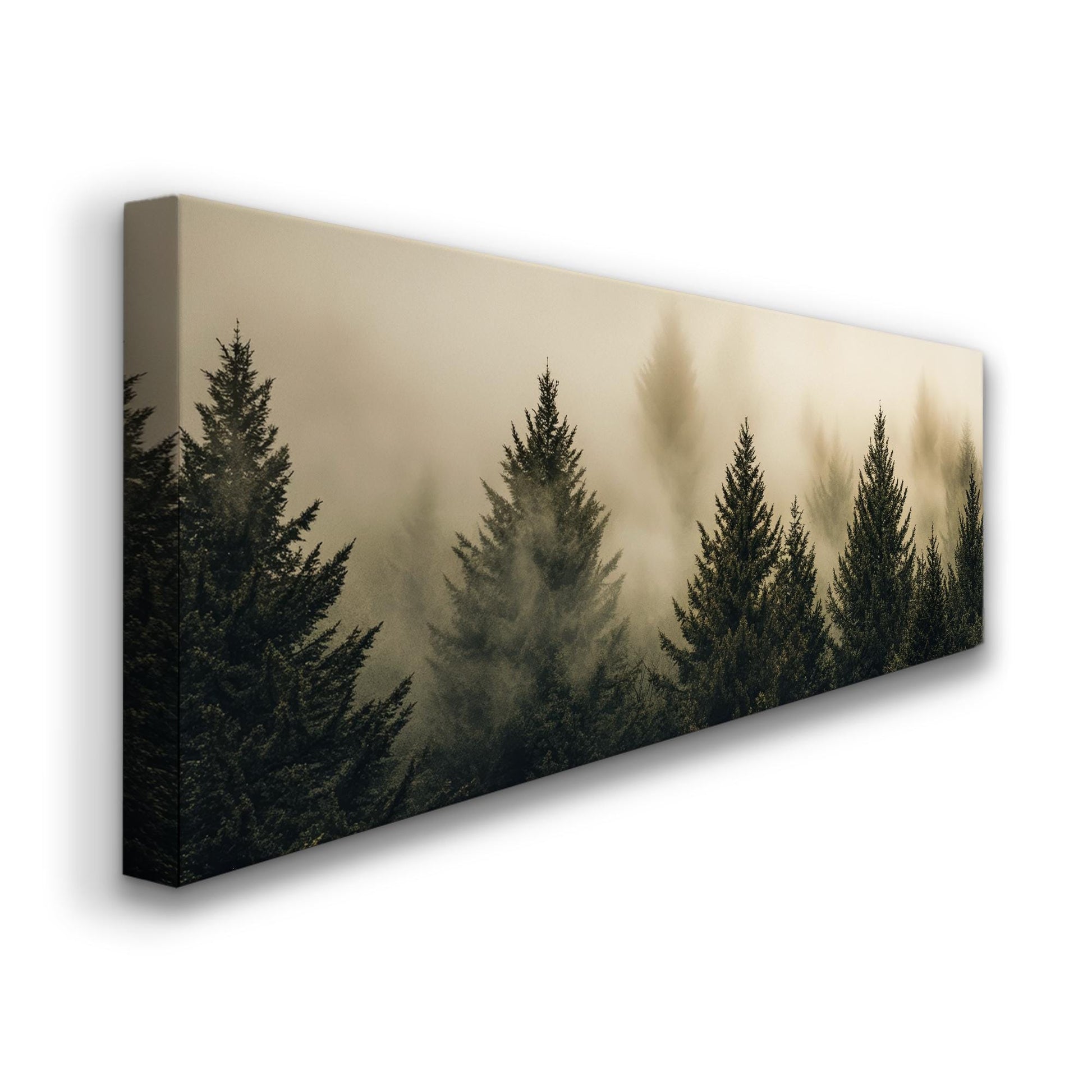 Misty Mountain | Evergreen Silhouette Print | Japandi Wall Art For Living Room | Smoked Olive Art | Biophilic Decor Panoramic Wall Art