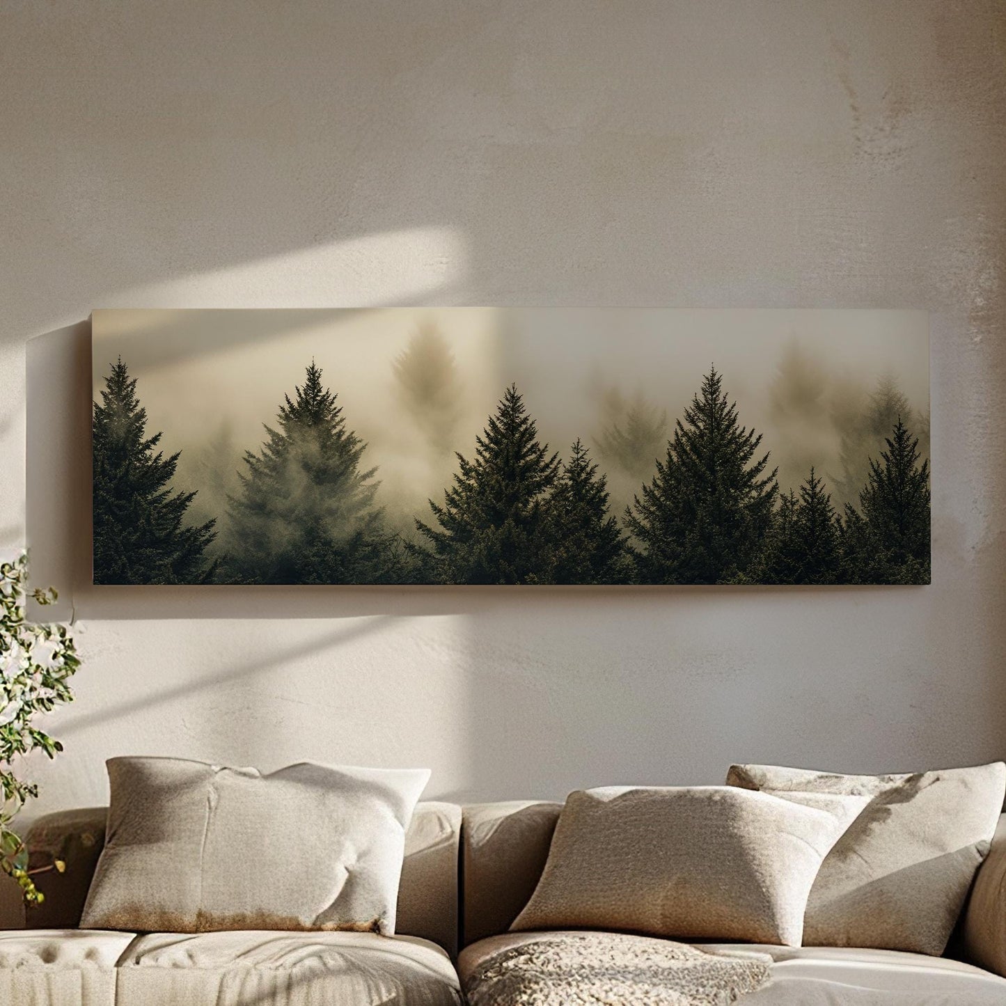 Misty Mountain | Evergreen Silhouette Print | Japandi Wall Art For Living Room | Smoked Olive Art | Biophilic Decor Panoramic Wall Art