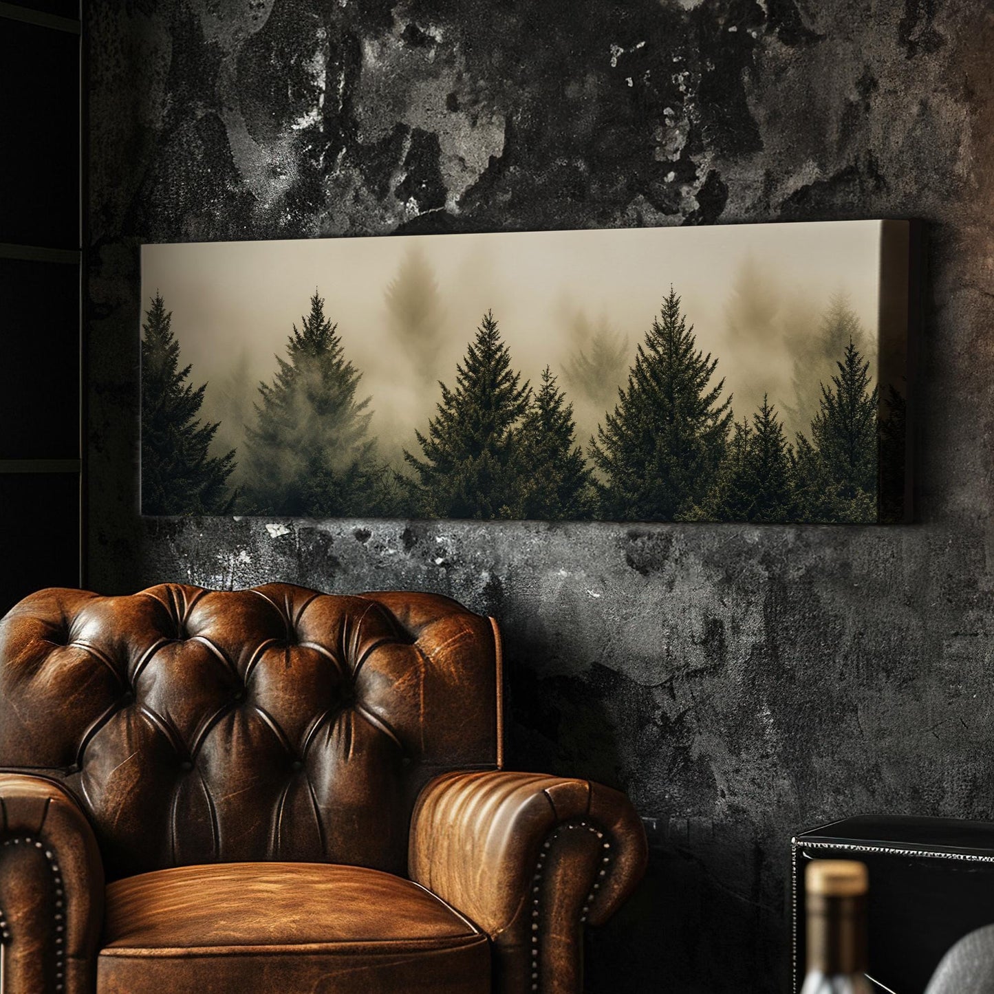Misty Mountain | Evergreen Silhouette Print | Japandi Wall Art For Living Room | Smoked Olive Art | Biophilic Decor Panoramic Wall Art