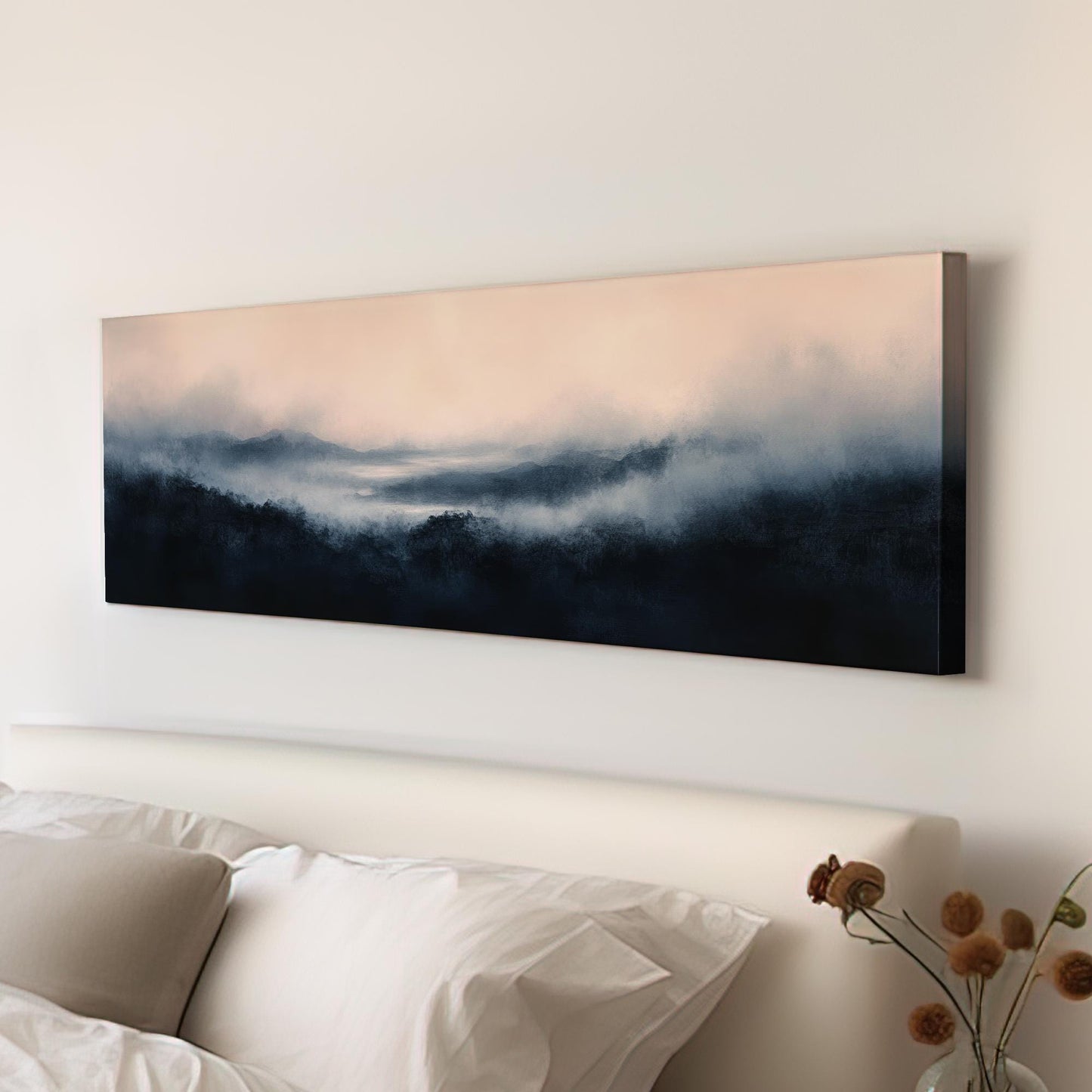 Misty Mountain Range Canvas Art | Watercolor Wash Print | Tranquil Zen Wall Art For Living Room Panoramic Wall Art