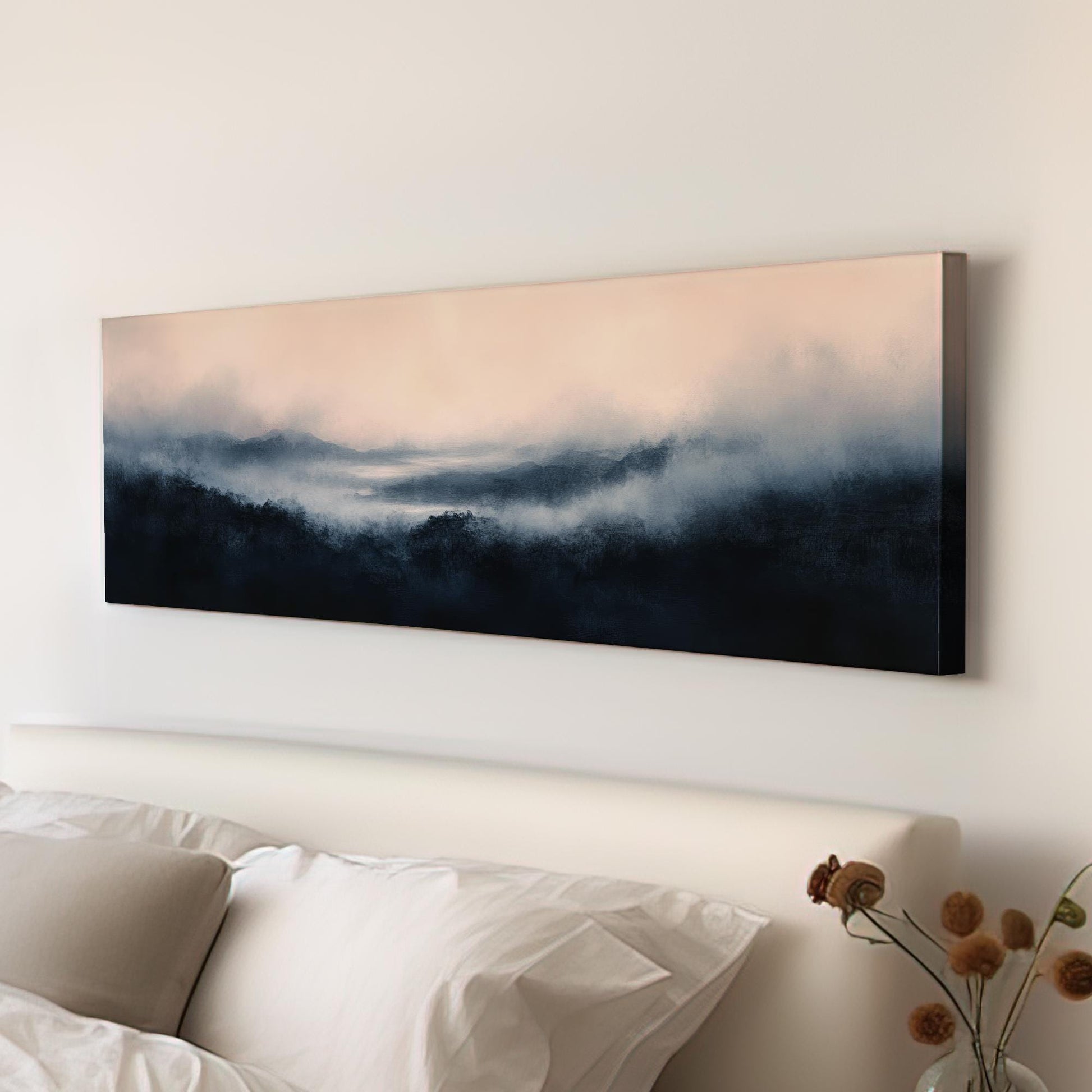 Misty Mountain Range Canvas Art | Watercolor Wash Print | Tranquil Zen Wall Art For Living Room Panoramic Wall Art