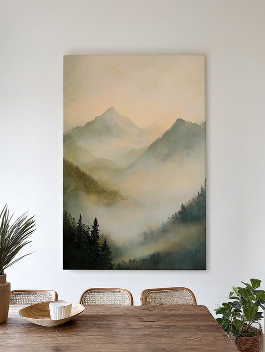 Misty Mountain Majesty Canvas Art | Impressionistic Oil Print | Tranquil Zen Wall Art For Living Room Vertical Canvas