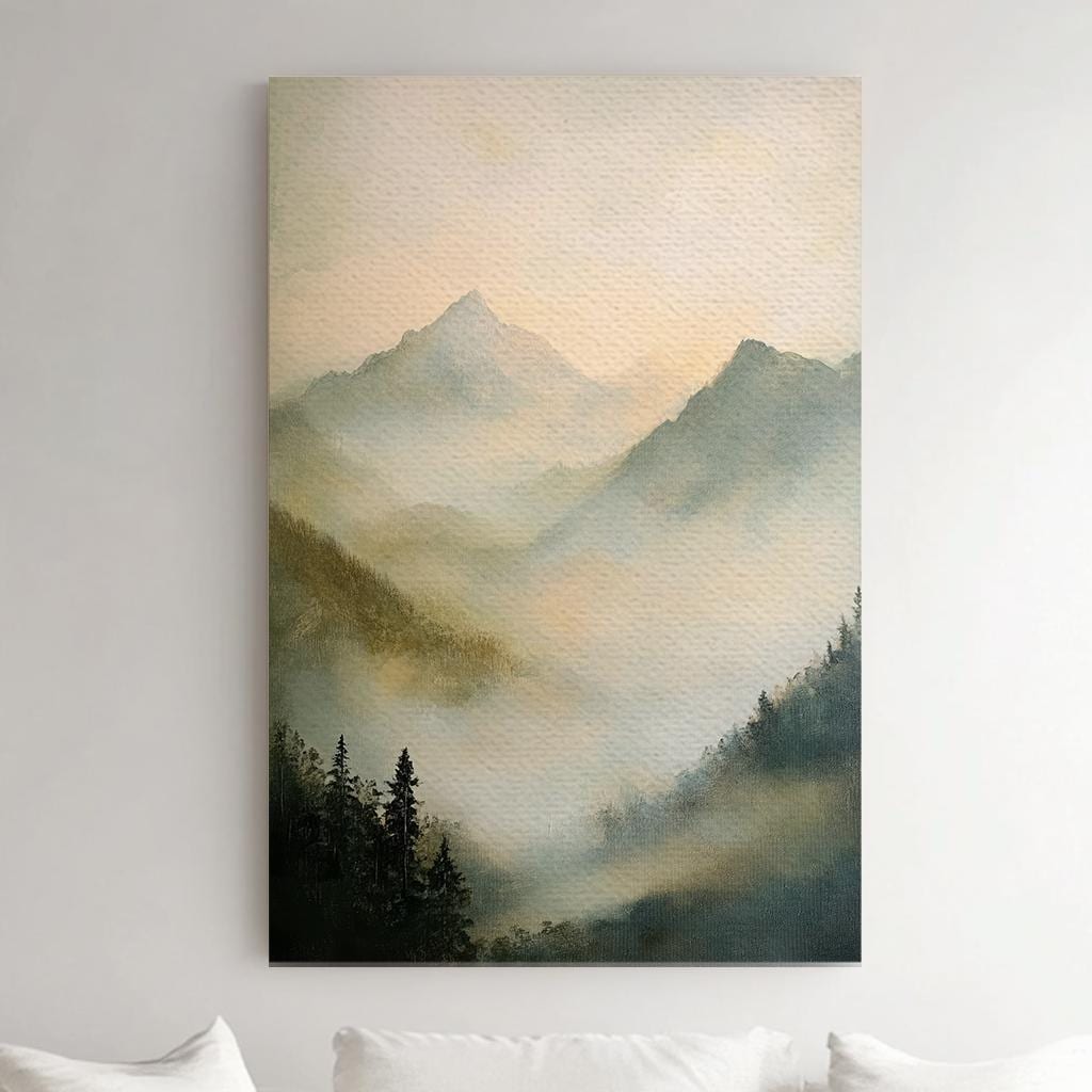 Misty Mountain Majesty Canvas Art | Impressionistic Oil Print | Tranquil Zen Wall Art For Living Room Vertical Canvas