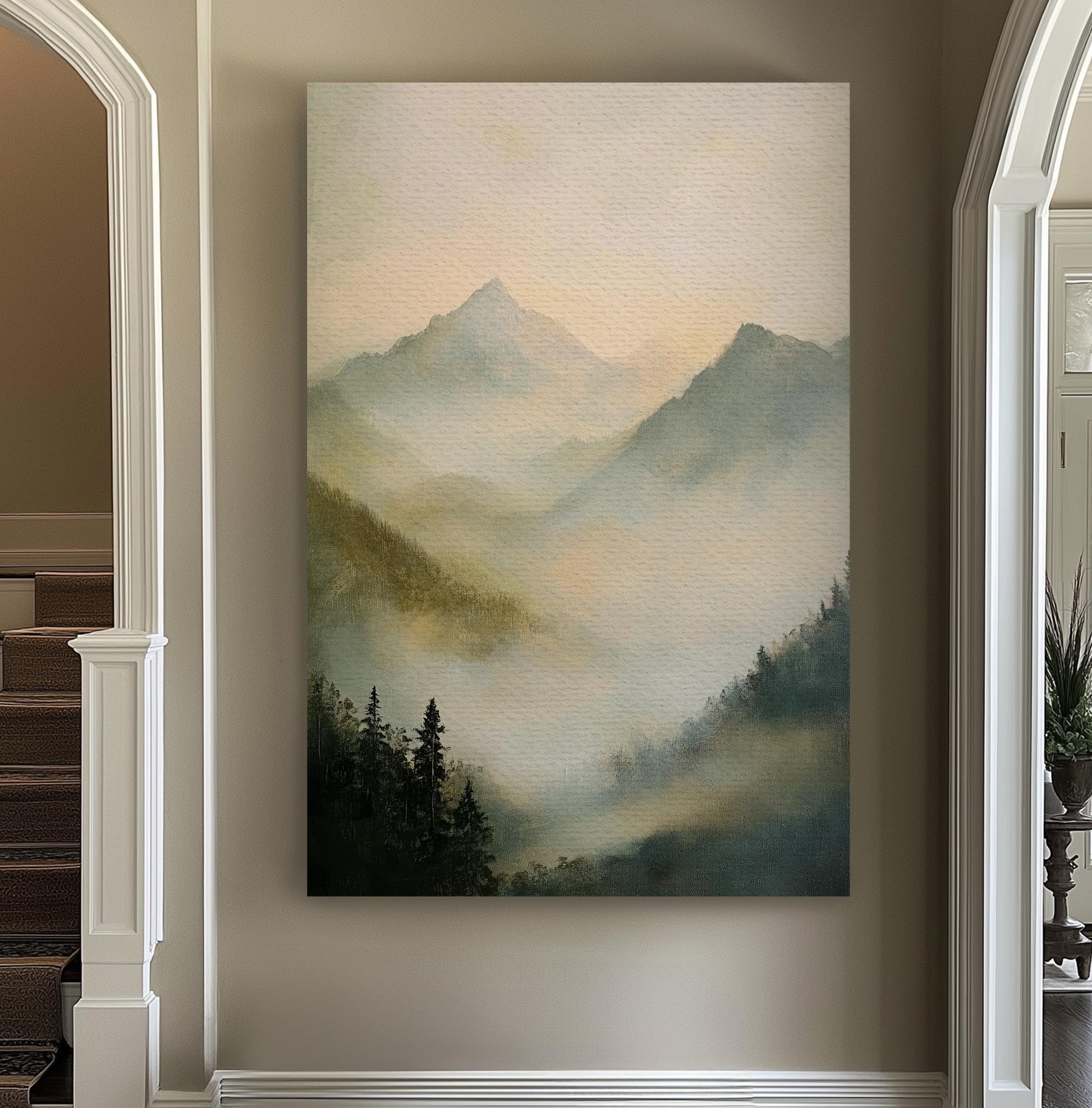 Misty Mountain Majesty Canvas Art | Impressionistic Oil Print | Tranquil Zen Wall Art For Living Room Vertical Canvas