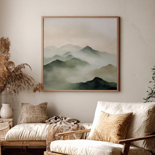 Misty Mountain Majesty Canvas Art | Impasto Print | Tranquil Zen Wall Art For Living Room | Sagebrush Cloud White Art Square Canvas Art