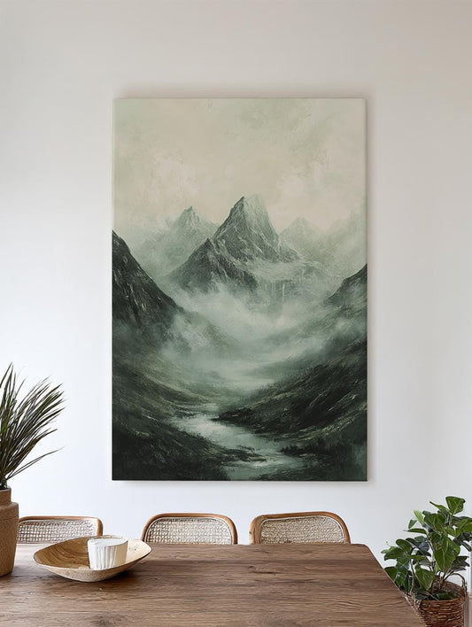 Misty Mountain Majesty Canvas Art | Impasto Impressionism Print | Tranquil Zen Wall Art For Living Room Vertical Canvas