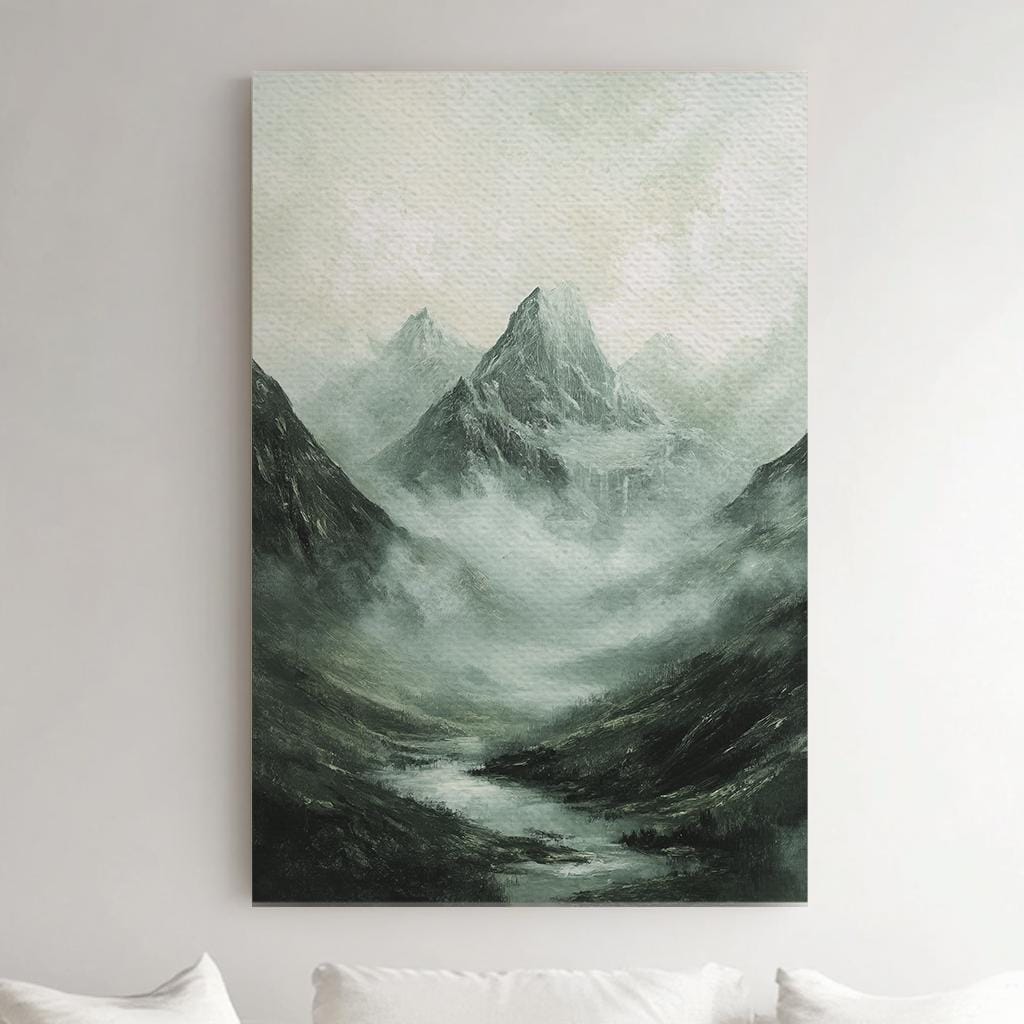 Misty Mountain Majesty Canvas Art | Impasto Impressionism Print | Tranquil Zen Wall Art For Living Room Vertical Canvas