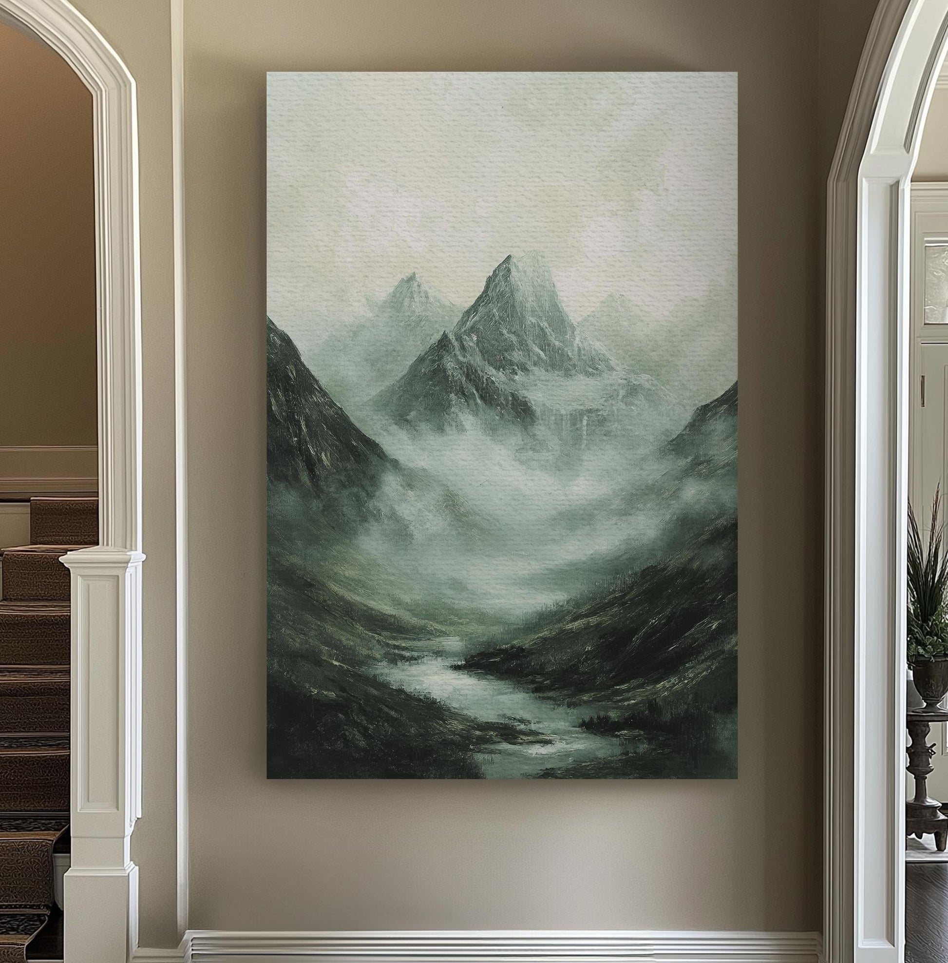 Misty Mountain Majesty Canvas Art | Impasto Impressionism Print | Tranquil Zen Wall Art For Living Room Vertical Canvas