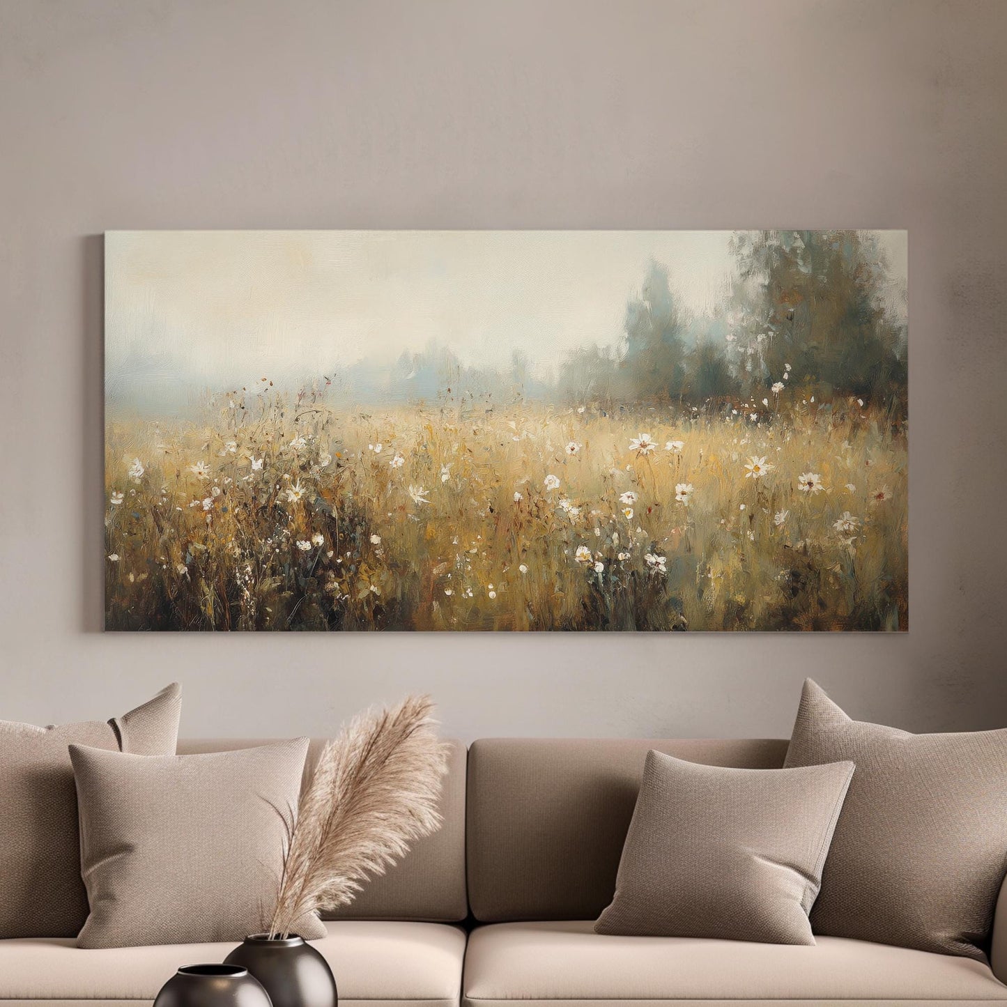 Misty Meadow Canvas Art | Impasto Impressionism Print | Bohemian Wall Art For Living Room | Sandstone Fog Art Horizontal Art
