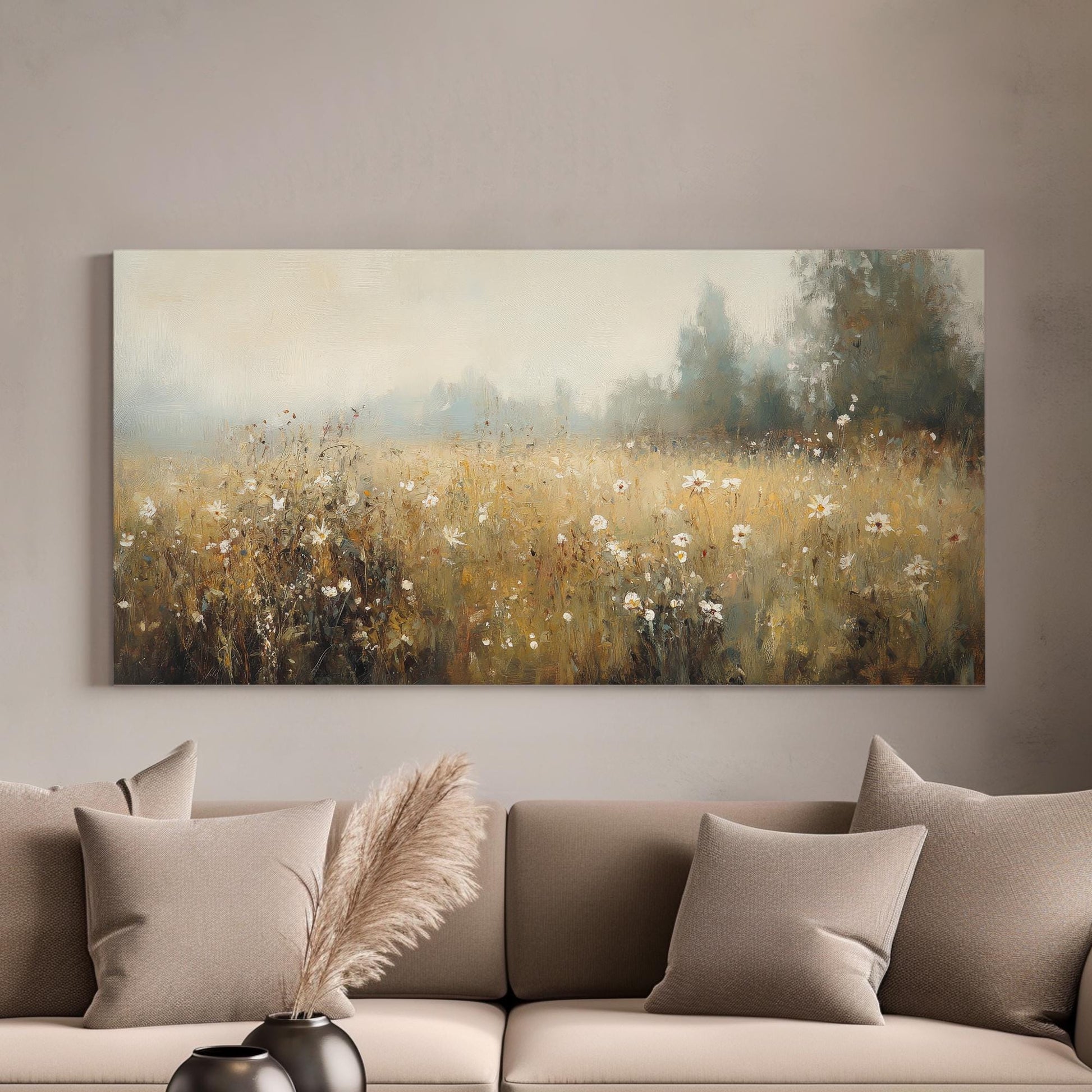 Misty Meadow Canvas Art | Impasto Impressionism Print | Bohemian Wall Art For Living Room | Sandstone Fog Art Horizontal Art