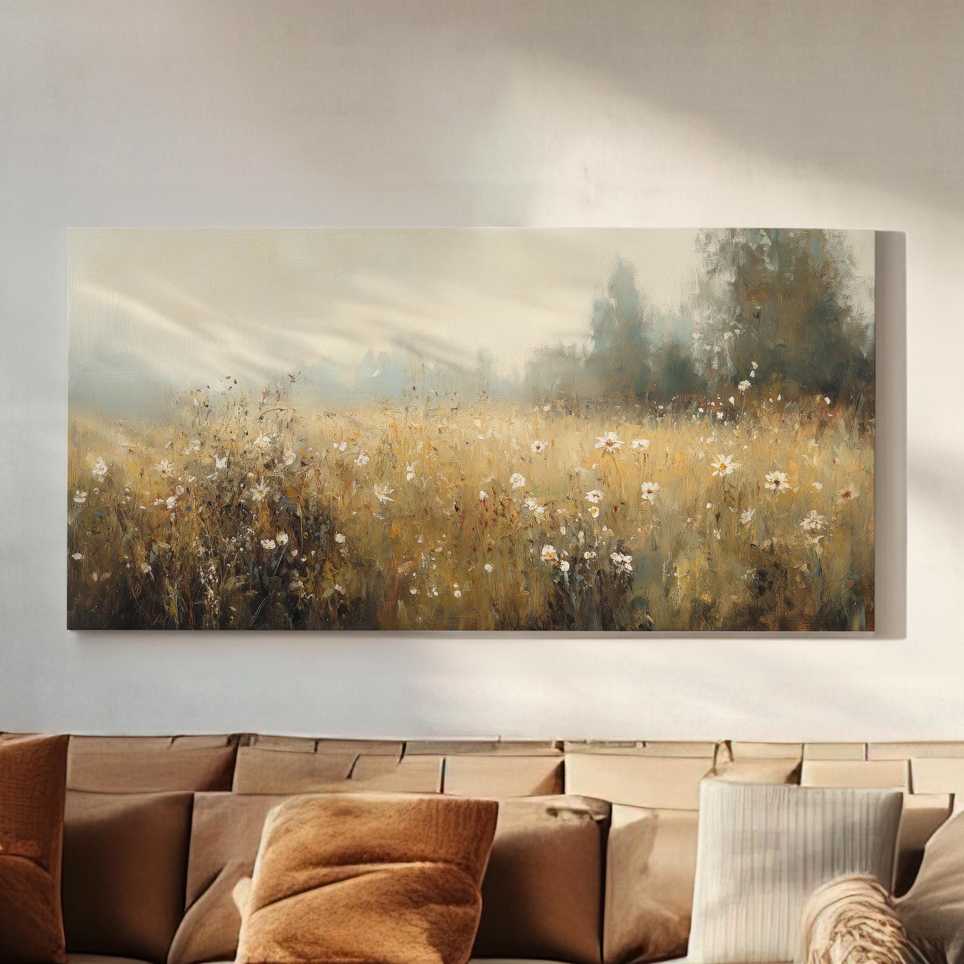 Misty Meadow Canvas Art | Impasto Impressionism Print | Bohemian Wall Art For Living Room | Sandstone Fog Art Horizontal Art
