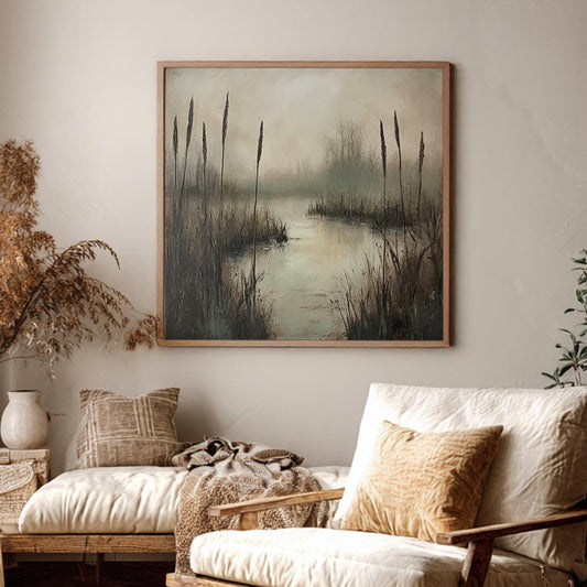 Misty Marsh Cattails Canvas Art | Impasto Print | Tranquil Wall Art For Living Room | Silver Sage Art | Zen Decor Square Canvas Art