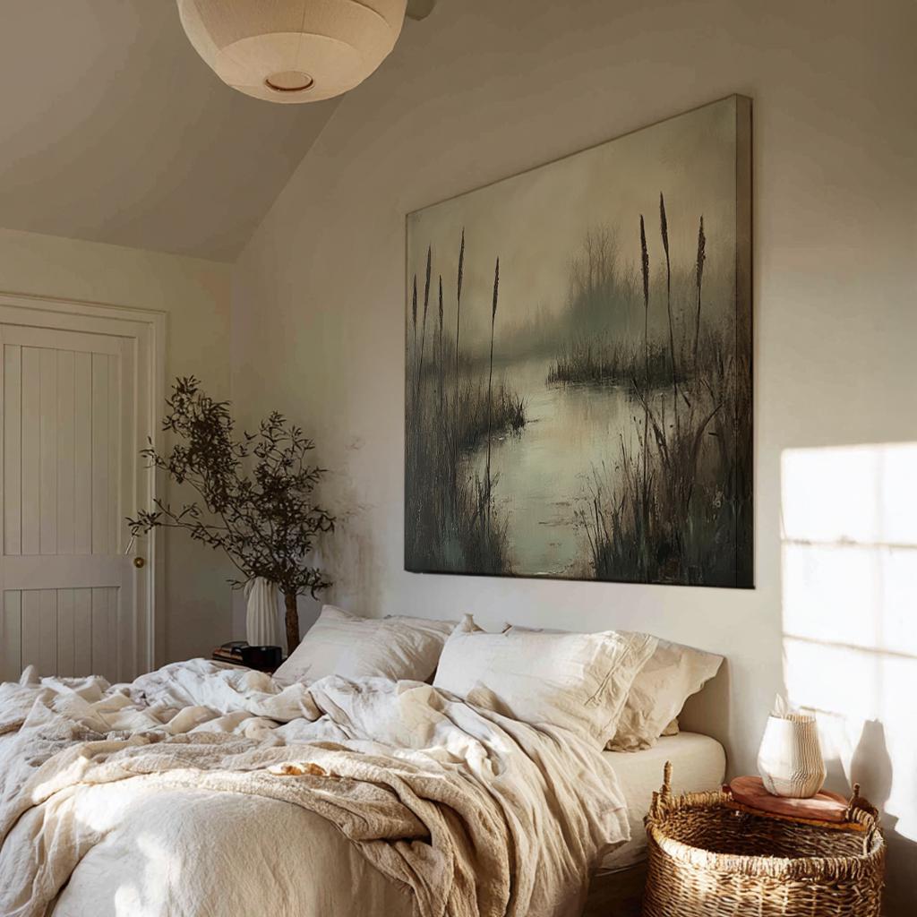 Misty Marsh Cattails Canvas Art | Impasto Print | Tranquil Wall Art For Living Room | Silver Sage Art | Zen Decor Square Canvas Art