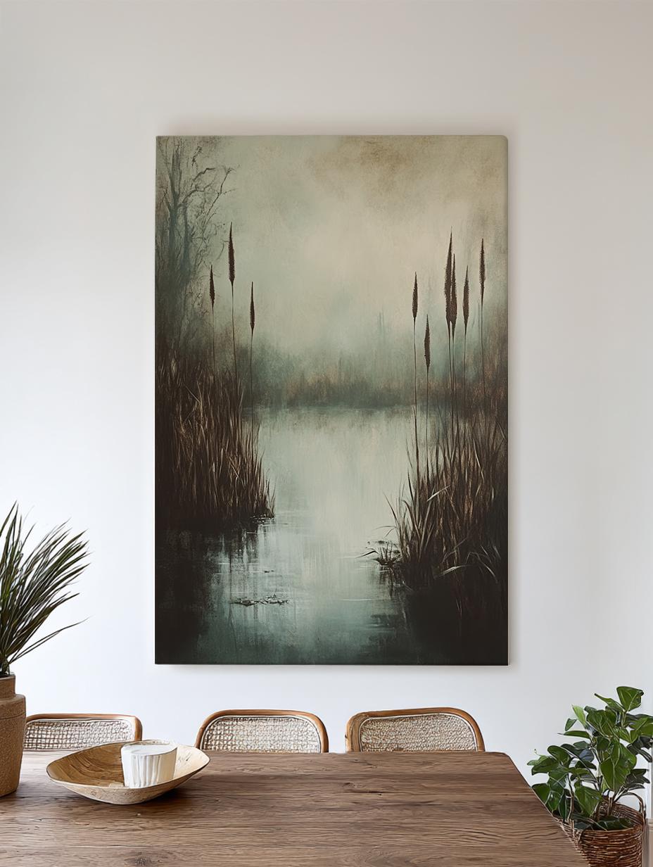 Misty Marsh Canvas Art | Textured Impressionism Print | Tranquil Zen Wall Art For Living Room | Silver Sage Art Vertical Canvas