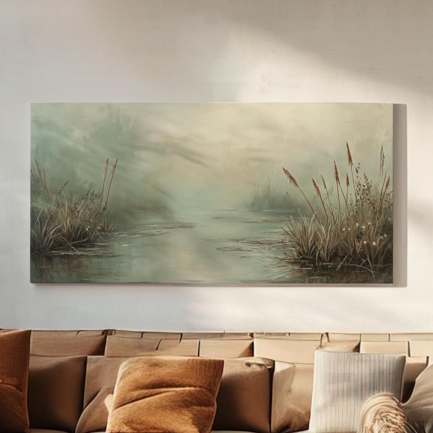 Misty Marsh Canvas Art | Impressionistic Fog Print | Tranquil Zen Wall Art For Living Room | Sage Green Art Horizontal Art