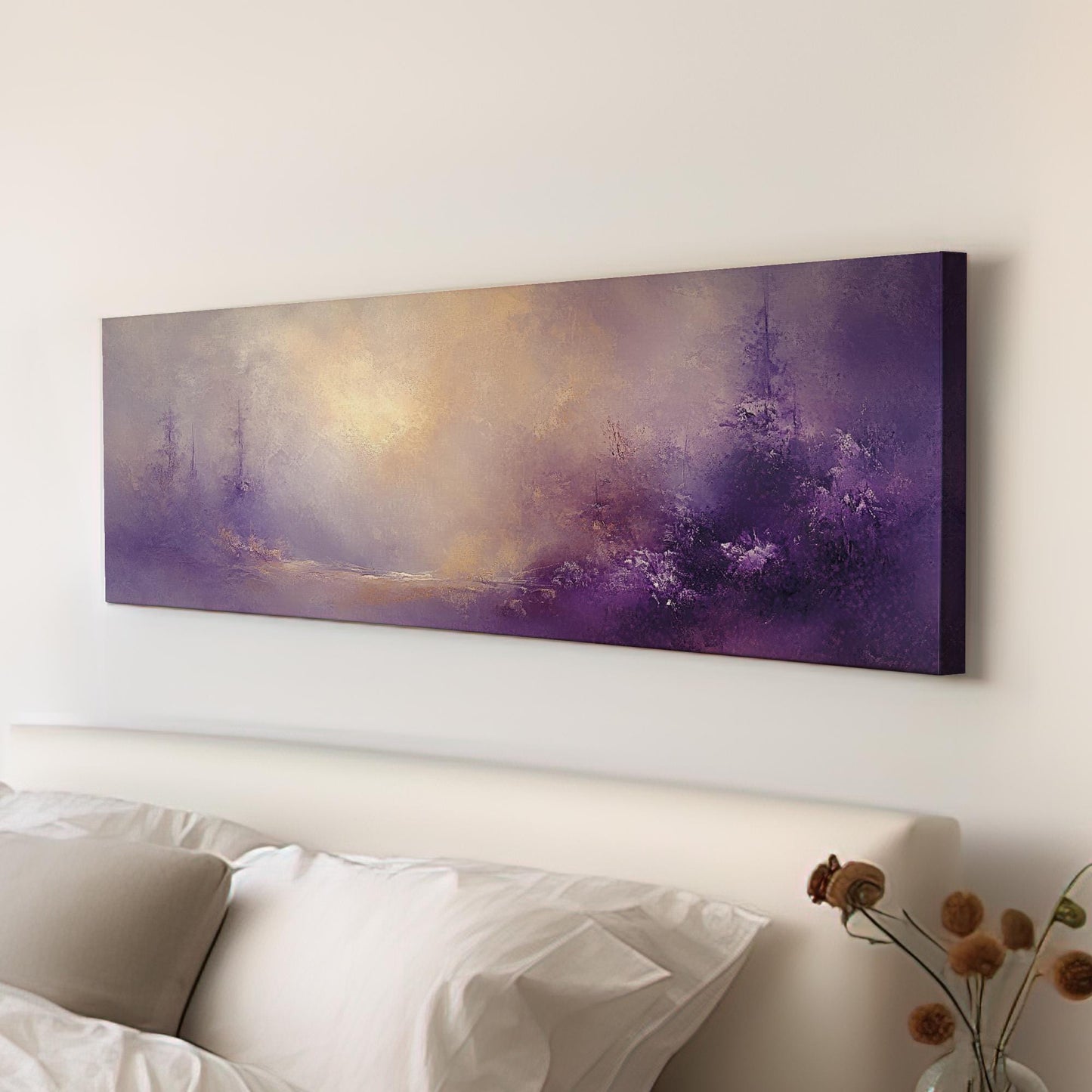 Misty Forest Canvas Art | Impasto Print | Bohemian Wall Art For Living Room | Amethyst Dusk Art | Tranquil Decor Panoramic Wall Art