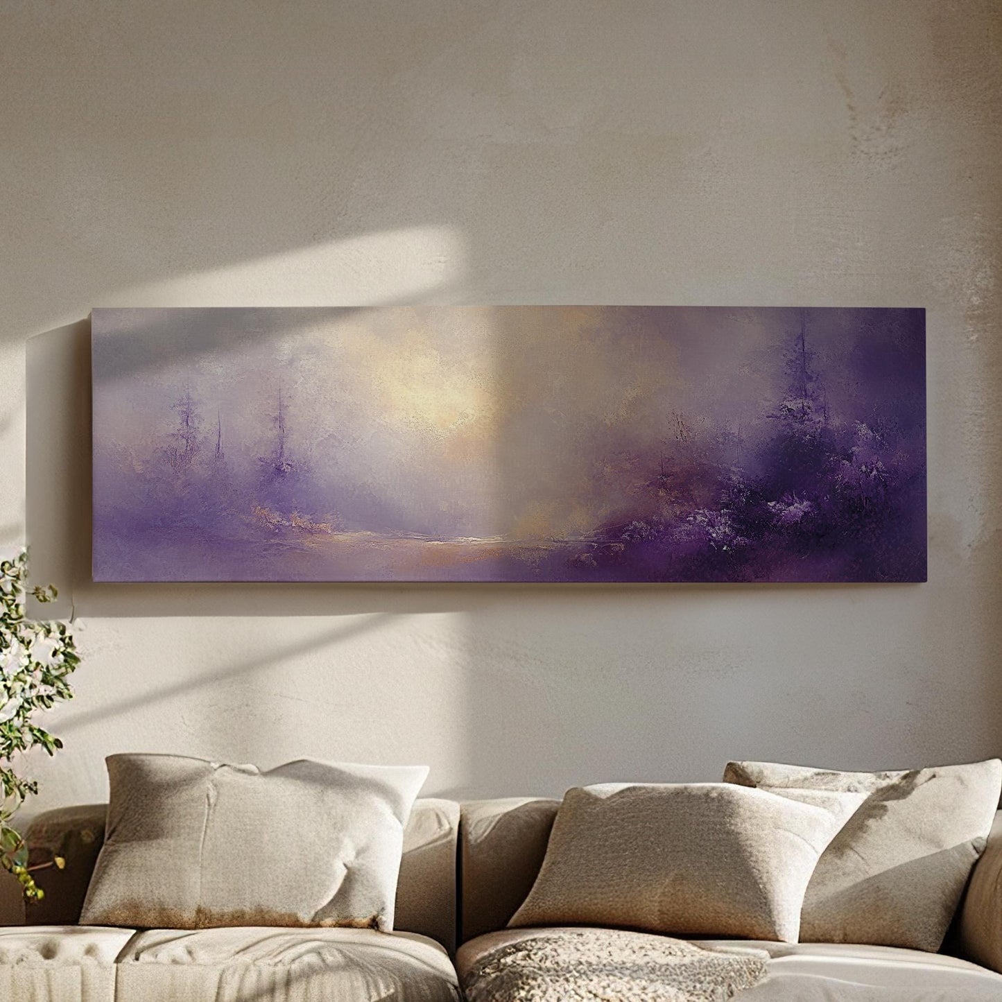 Misty Forest Canvas Art | Impasto Print | Bohemian Wall Art For Living Room | Amethyst Dusk Art | Tranquil Decor Panoramic Wall Art