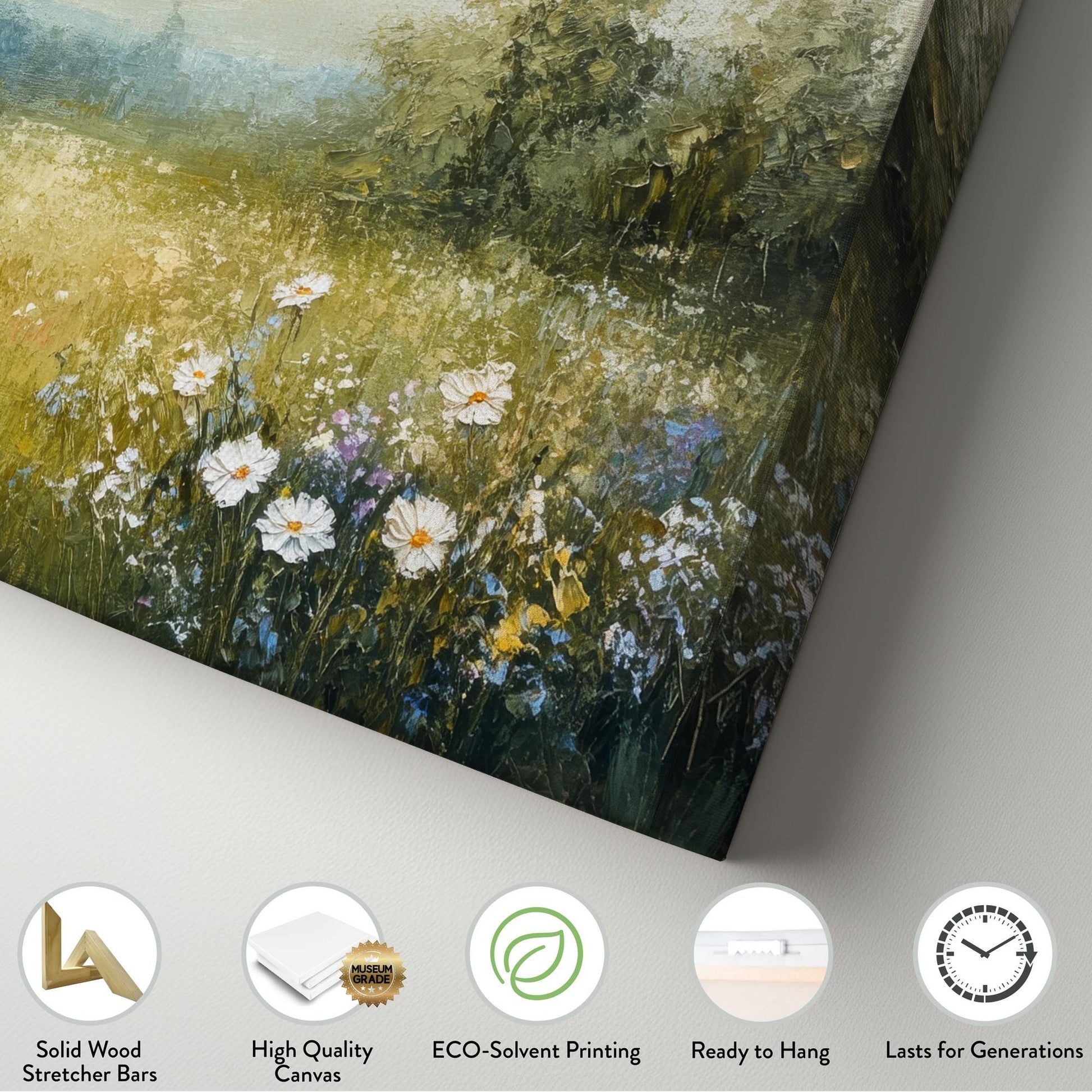 Serene Meadow Canvas Art | Impasto Floral Print | Bohemian Wall Art For Living Room | Sage Green Art | Tranquil Home Decor Horizontal Art
