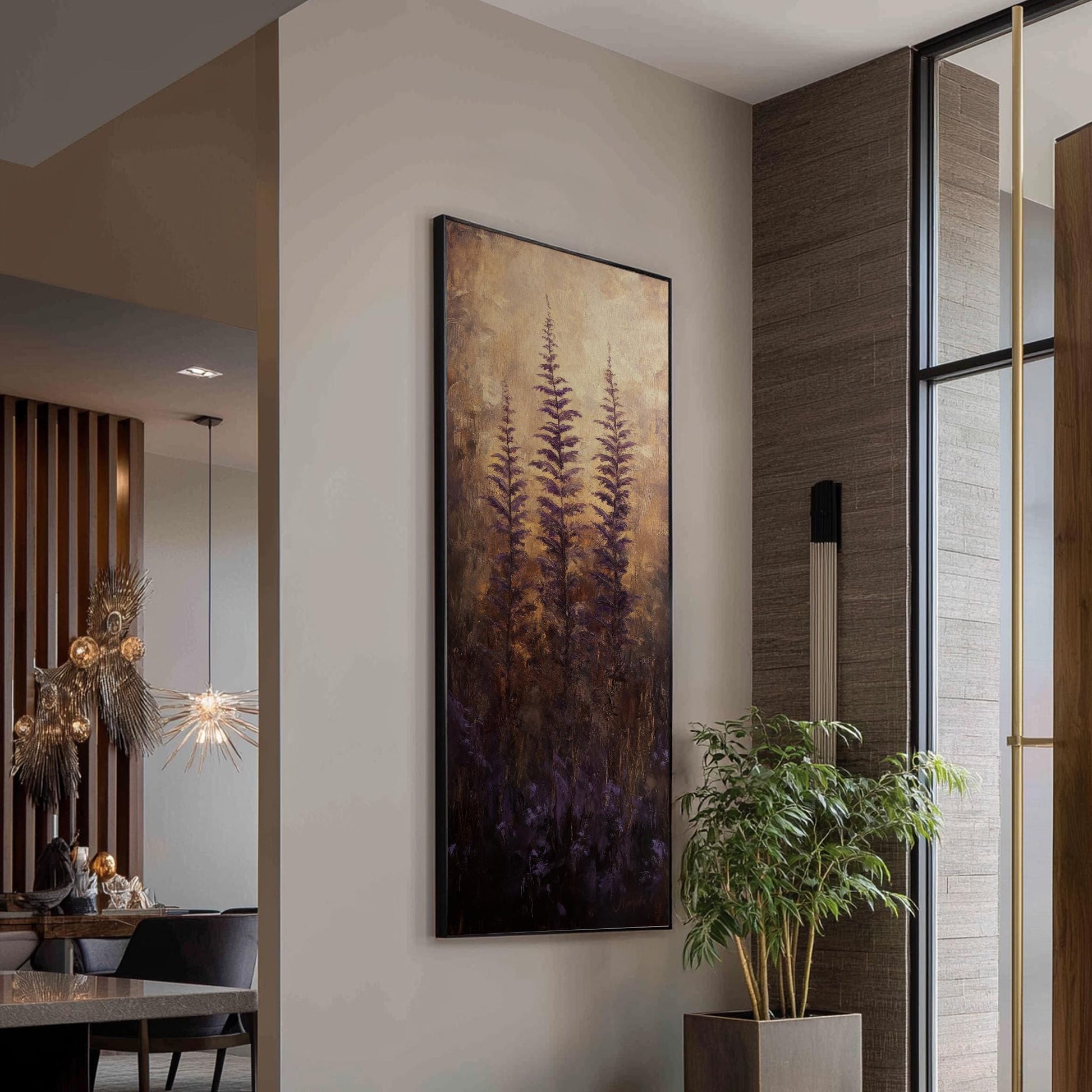 Serene Meadow Canvas Art | Impasto Botanical Print | Bohemian Wall Art For Living Room | Amethyst Dusk Art Long Vertical Art
