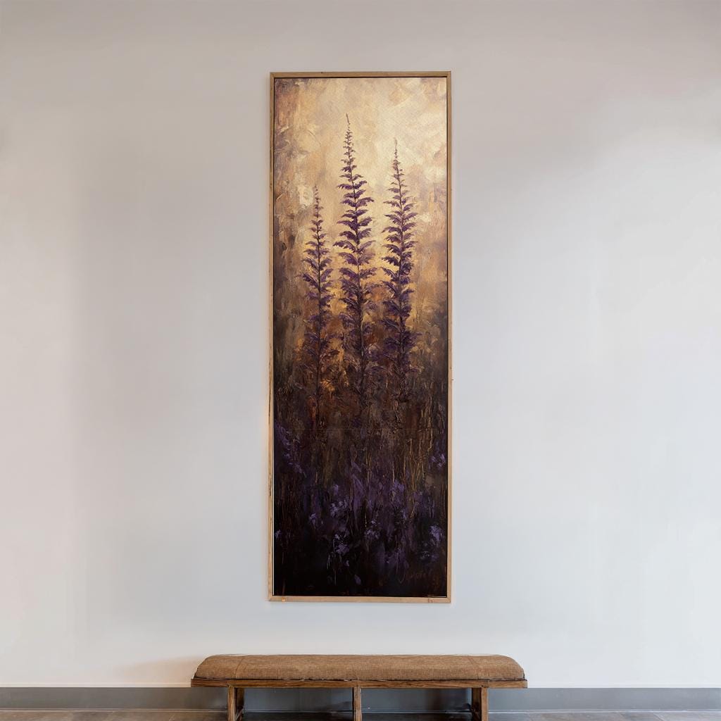 Serene Meadow Canvas Art | Impasto Botanical Print | Bohemian Wall Art For Living Room | Amethyst Dusk Art Long Vertical Art