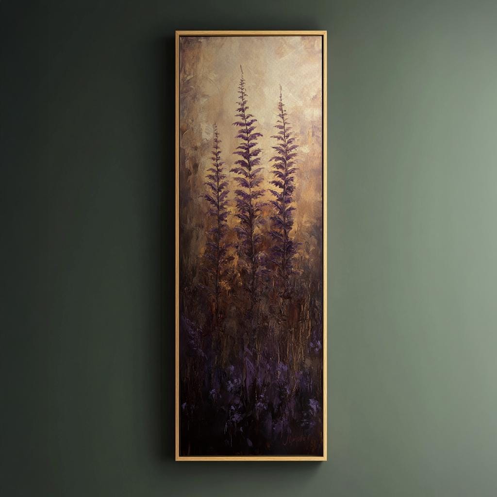 Serene Meadow Canvas Art | Impasto Botanical Print | Bohemian Wall Art For Living Room | Amethyst Dusk Art Long Vertical Art