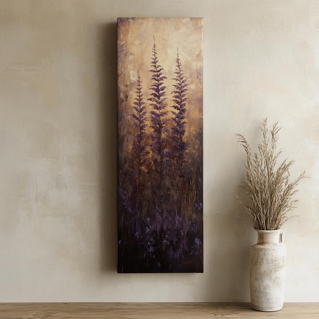 Serene Meadow Canvas Art | Impasto Botanical Print | Bohemian Wall Art For Living Room | Amethyst Dusk Art Long Vertical Art