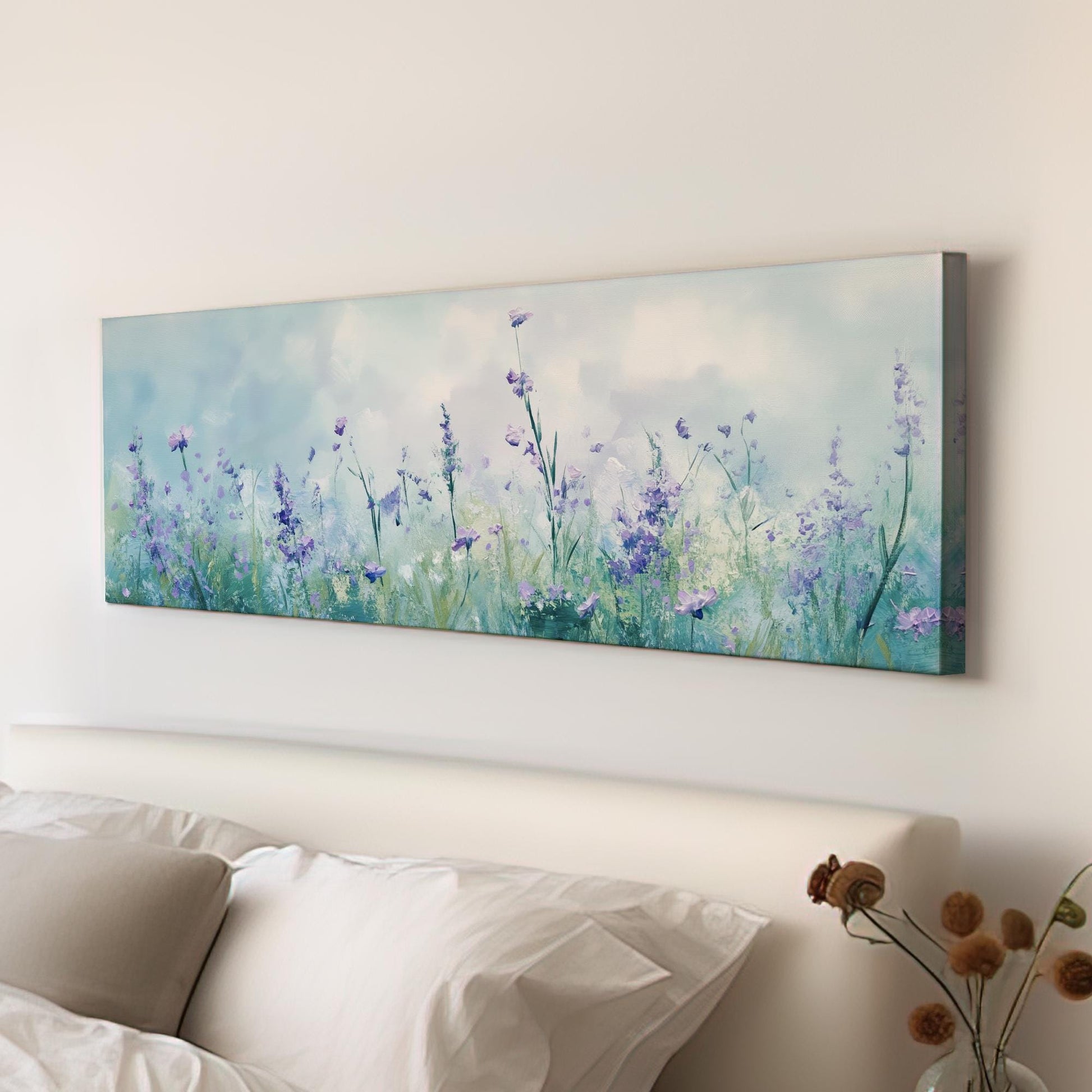 Serene Lavender Field Canvas Art | Impasto Floral Print | Bohemian Wall Art For Living Room | Celestial Blue Art Panoramic Wall Art