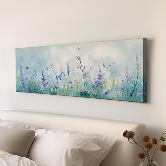 Serene Lavender Field Canvas Art | Impasto Floral Print | Bohemian Wall Art For Living Room | Celestial Blue Art Panoramic Wall Art