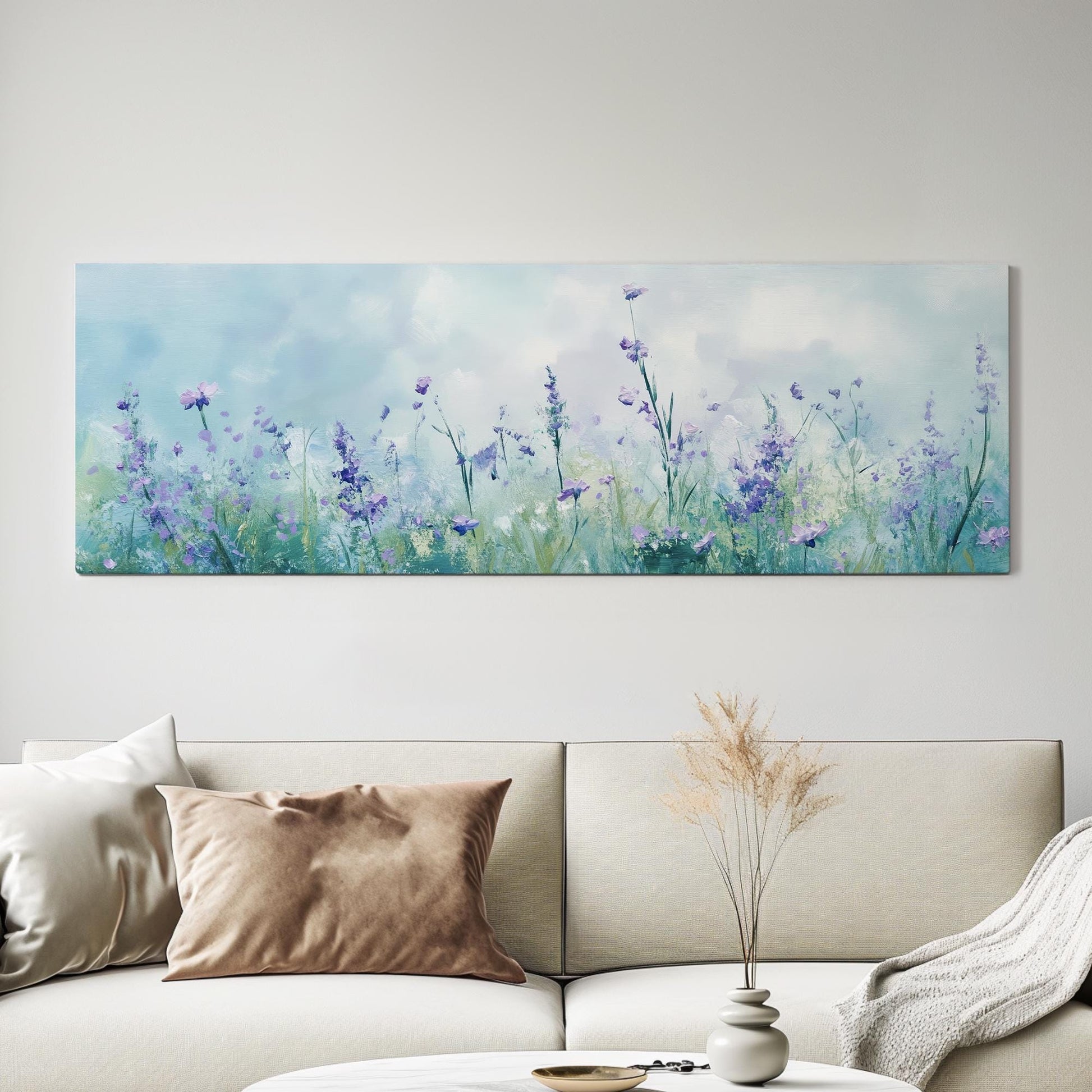 Serene Lavender Field Canvas Art | Impasto Floral Print | Bohemian Wall Art For Living Room | Celestial Blue Art Panoramic Wall Art
