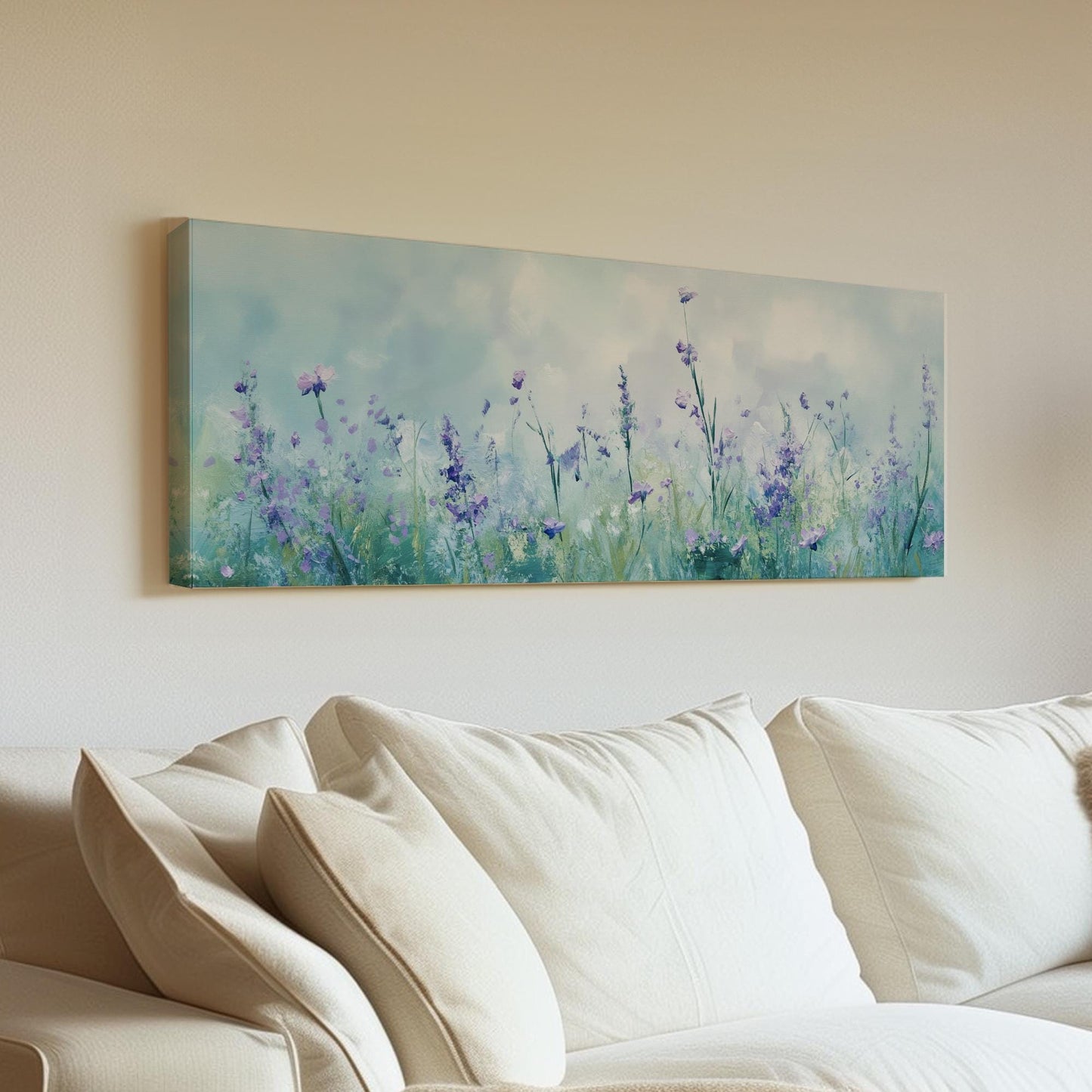 Serene Lavender Field Canvas Art | Impasto Floral Print | Bohemian Wall Art For Living Room | Celestial Blue Art Panoramic Wall Art