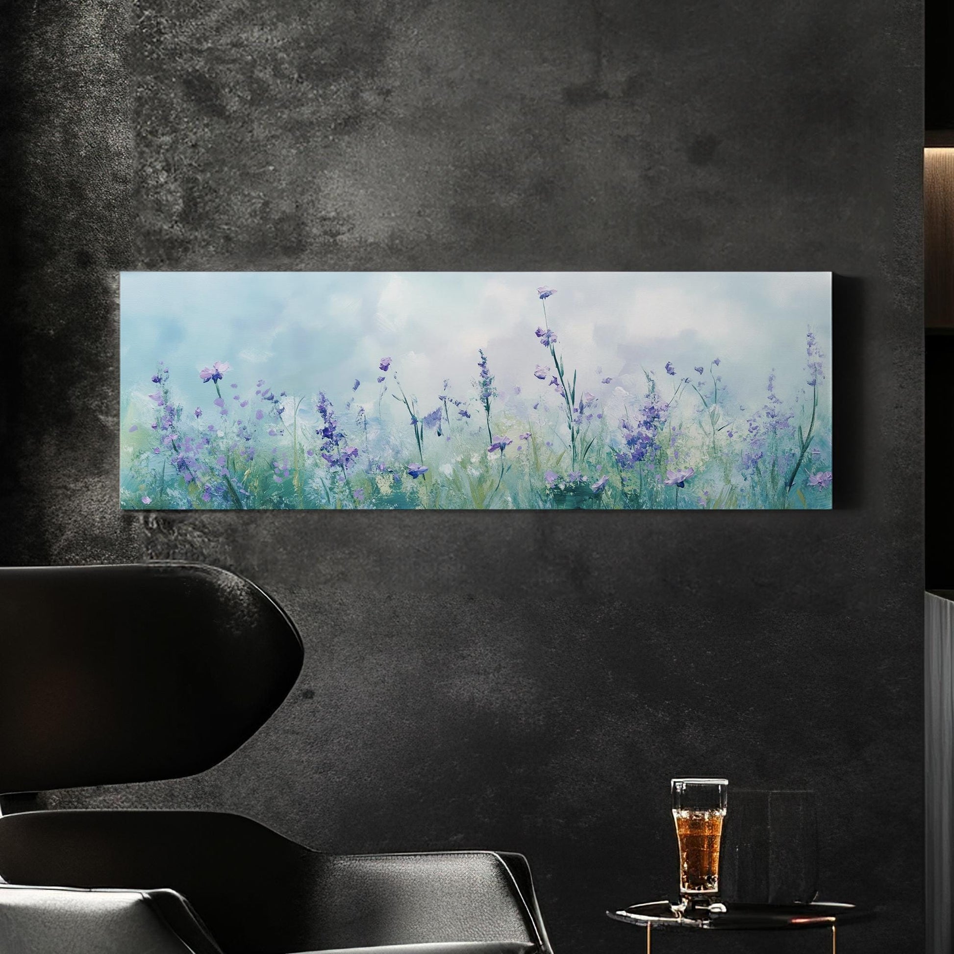 Serene Lavender Field Canvas Art | Impasto Floral Print | Bohemian Wall Art For Living Room | Celestial Blue Art Panoramic Wall Art