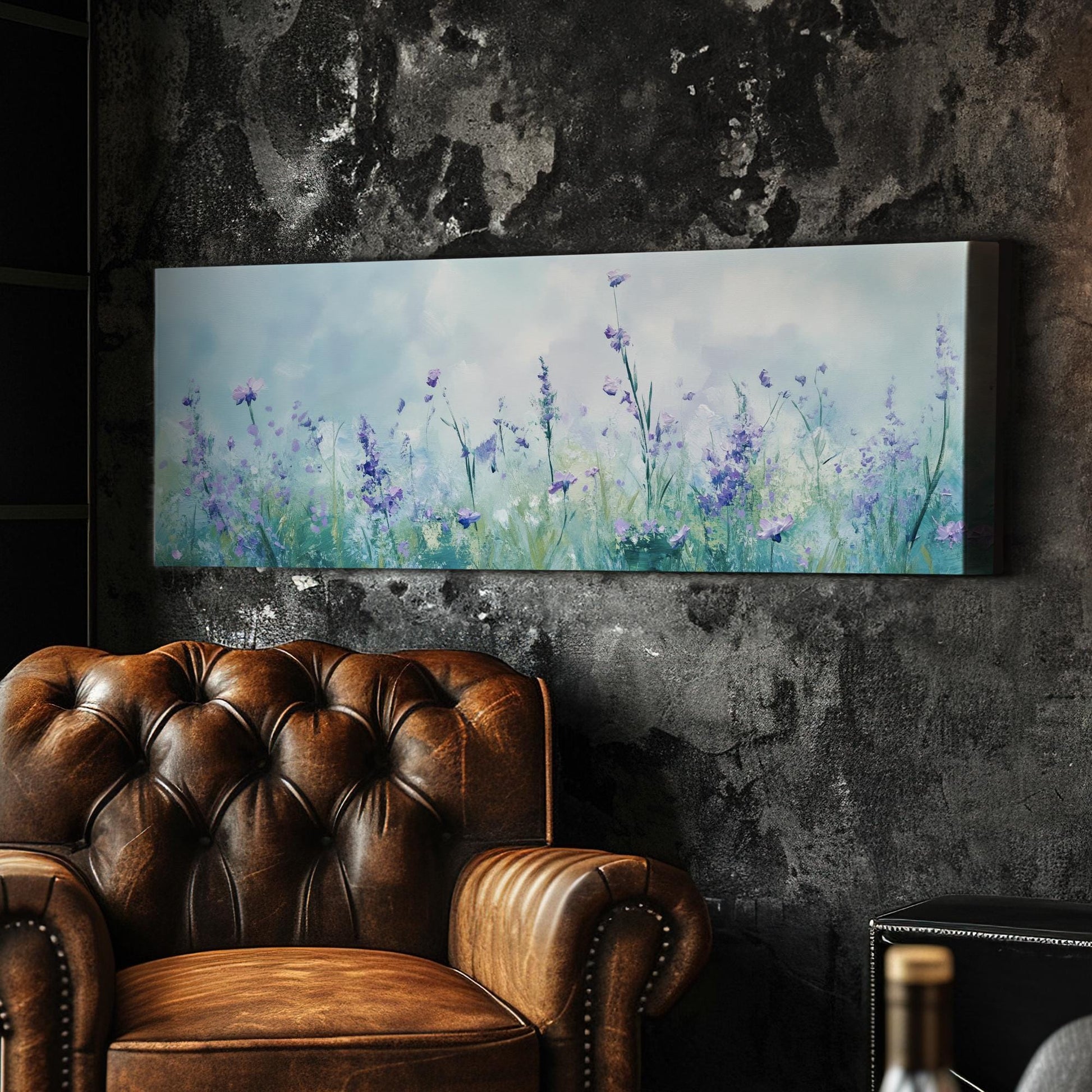 Serene Lavender Field Canvas Art | Impasto Floral Print | Bohemian Wall Art For Living Room | Celestial Blue Art Panoramic Wall Art