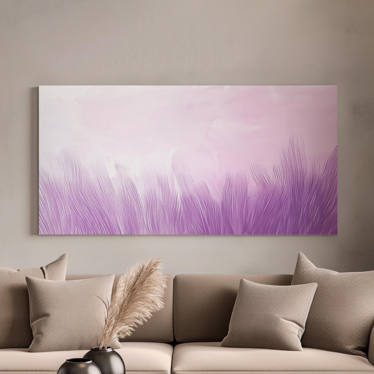 Serene Lavender Feather Canvas Art | Impasto Brushstroke Print | Bohemian Wall Art For Bedroom | Lilac Ash Art Horizontal Art