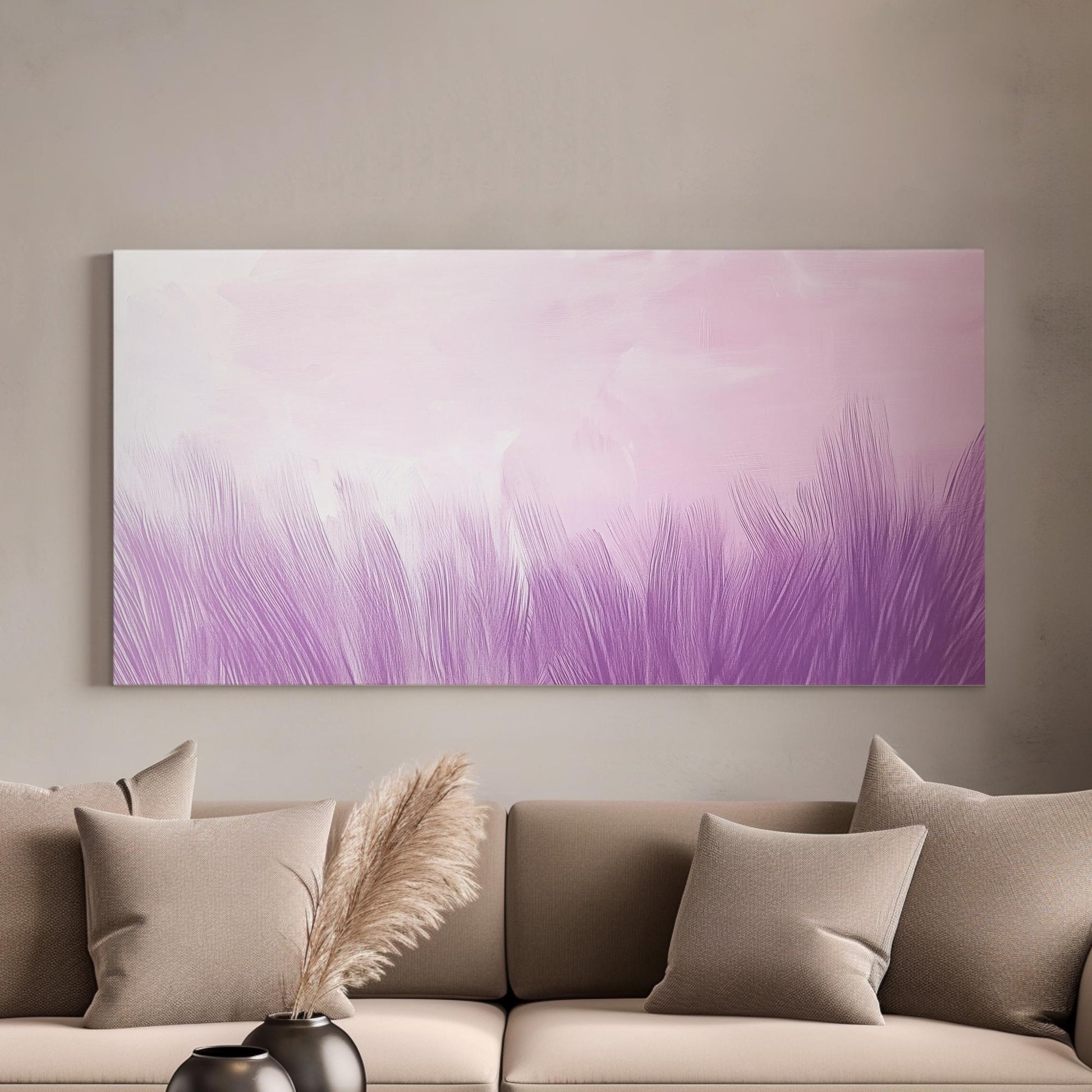 Serene Lavender Feather Canvas Art | Impasto Brushstroke Print | Bohemian Wall Art For Bedroom | Lilac Ash Art Horizontal Art