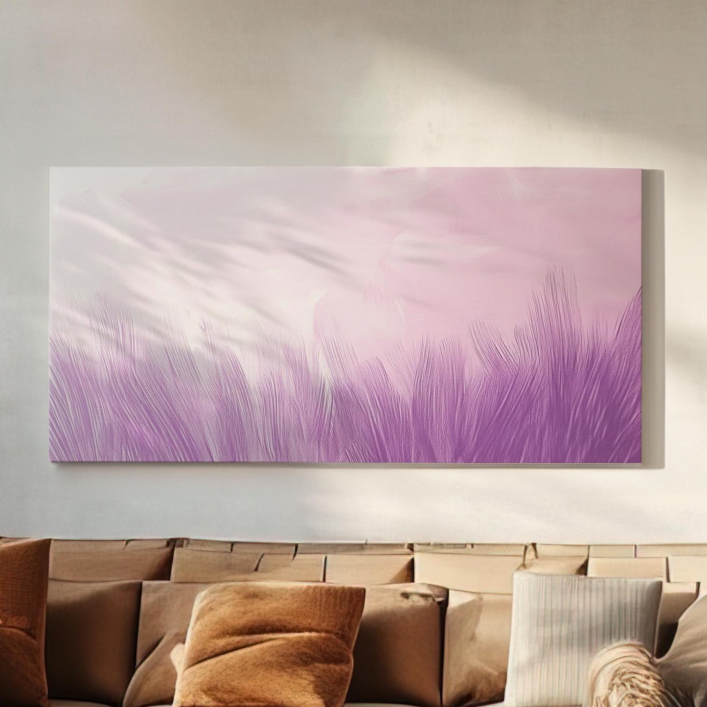Serene Lavender Feather Canvas Art | Impasto Brushstroke Print | Bohemian Wall Art For Bedroom | Lilac Ash Art Horizontal Art