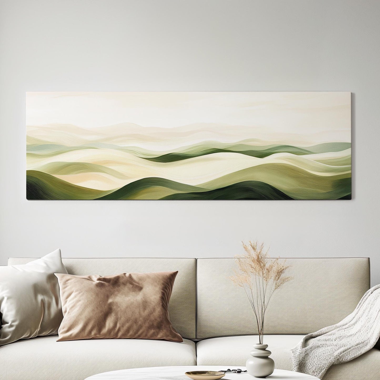 Serene Landscape Canvas Art | Impressionistic Oil Print | Biophilic Wall Art For Living Room | Sage Green Cream Art Panoramic Wall Art