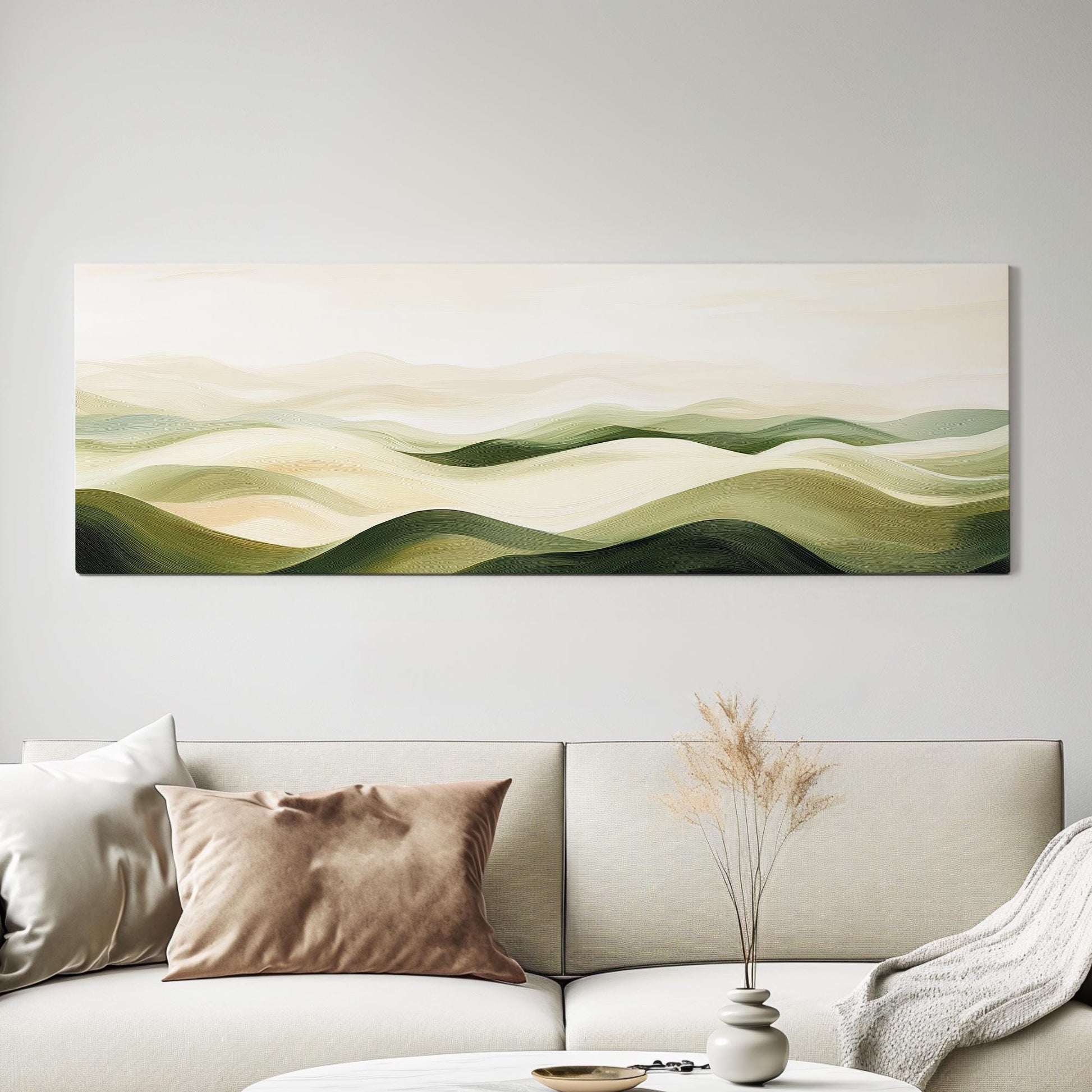 Serene Landscape Canvas Art | Impressionistic Oil Print | Biophilic Wall Art For Living Room | Sage Green Cream Art Panoramic Wall Art