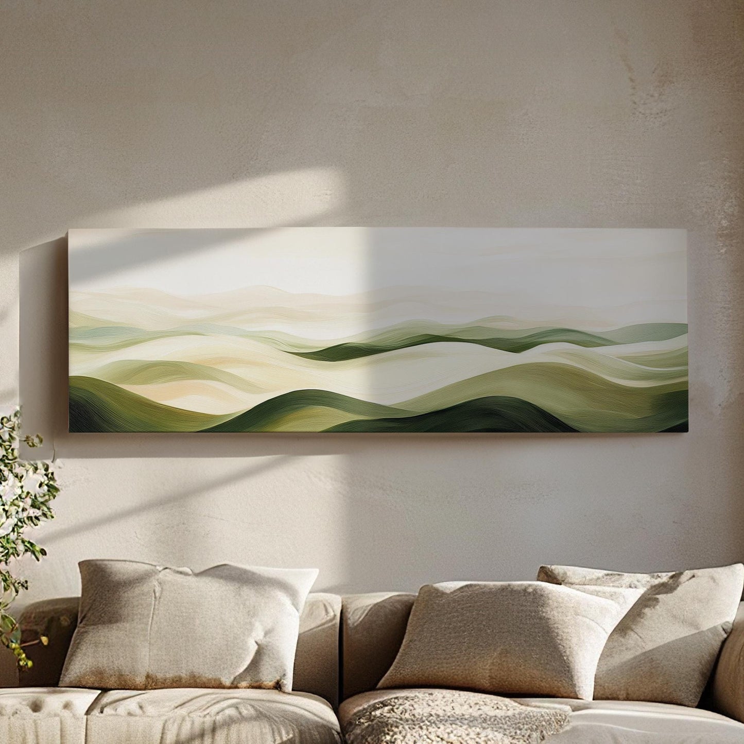 Serene Landscape Canvas Art | Impressionistic Oil Print | Biophilic Wall Art For Living Room | Sage Green Cream Art Panoramic Wall Art